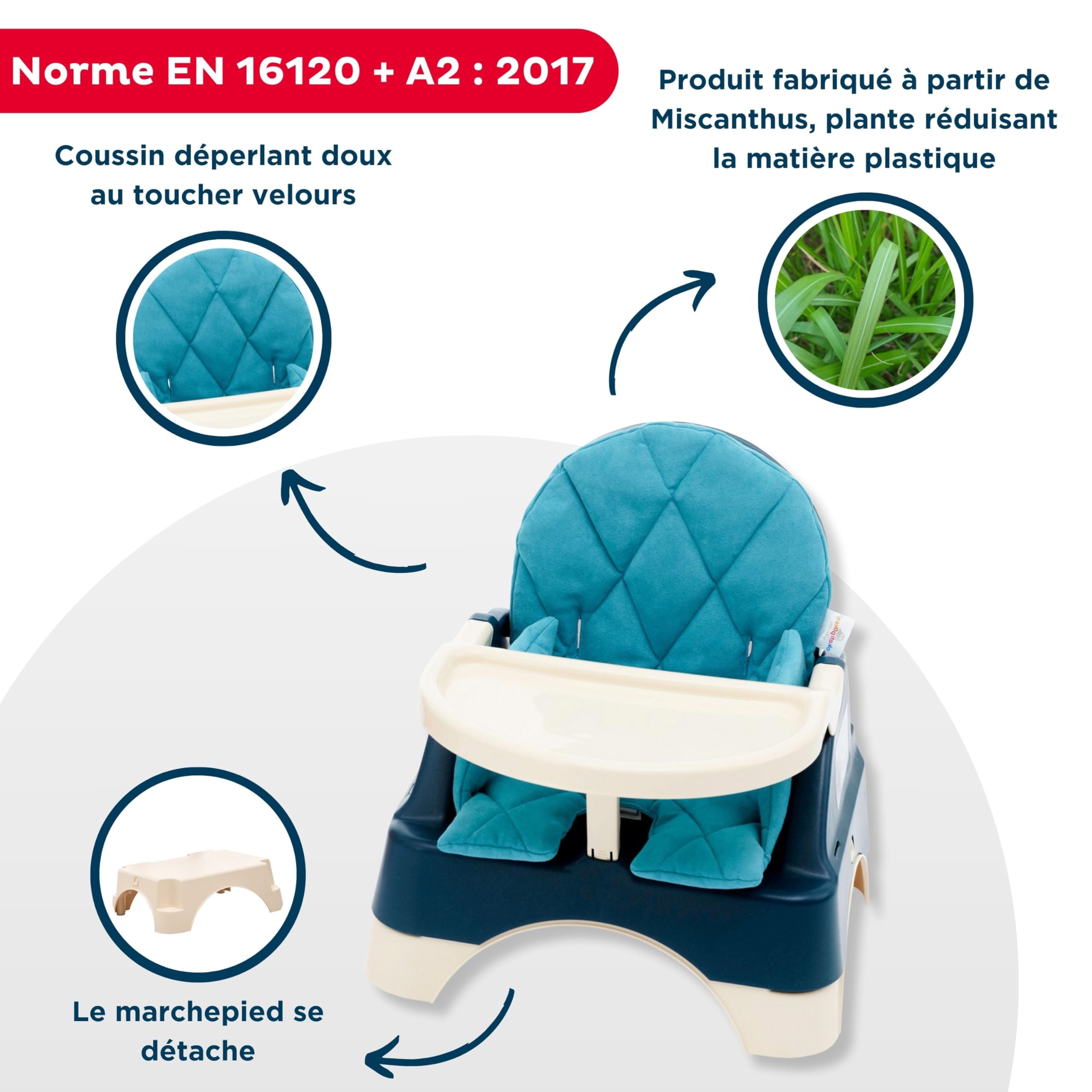 THERMOBABY - Rehausseur de chaise 3 en 1 Wooded Miscanthus - De 6 à 36 mois (jusqu'à 15 kg) - Fabriqué en France - Bleu