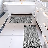 Vista 32 de MitoVilla Juego de 2 alfombras de baño estilo bohemio de granja, 2 unidades, 2 x 3 pies + 2 x 4.3 pies, alfombra de pasillo pequeña color marrón