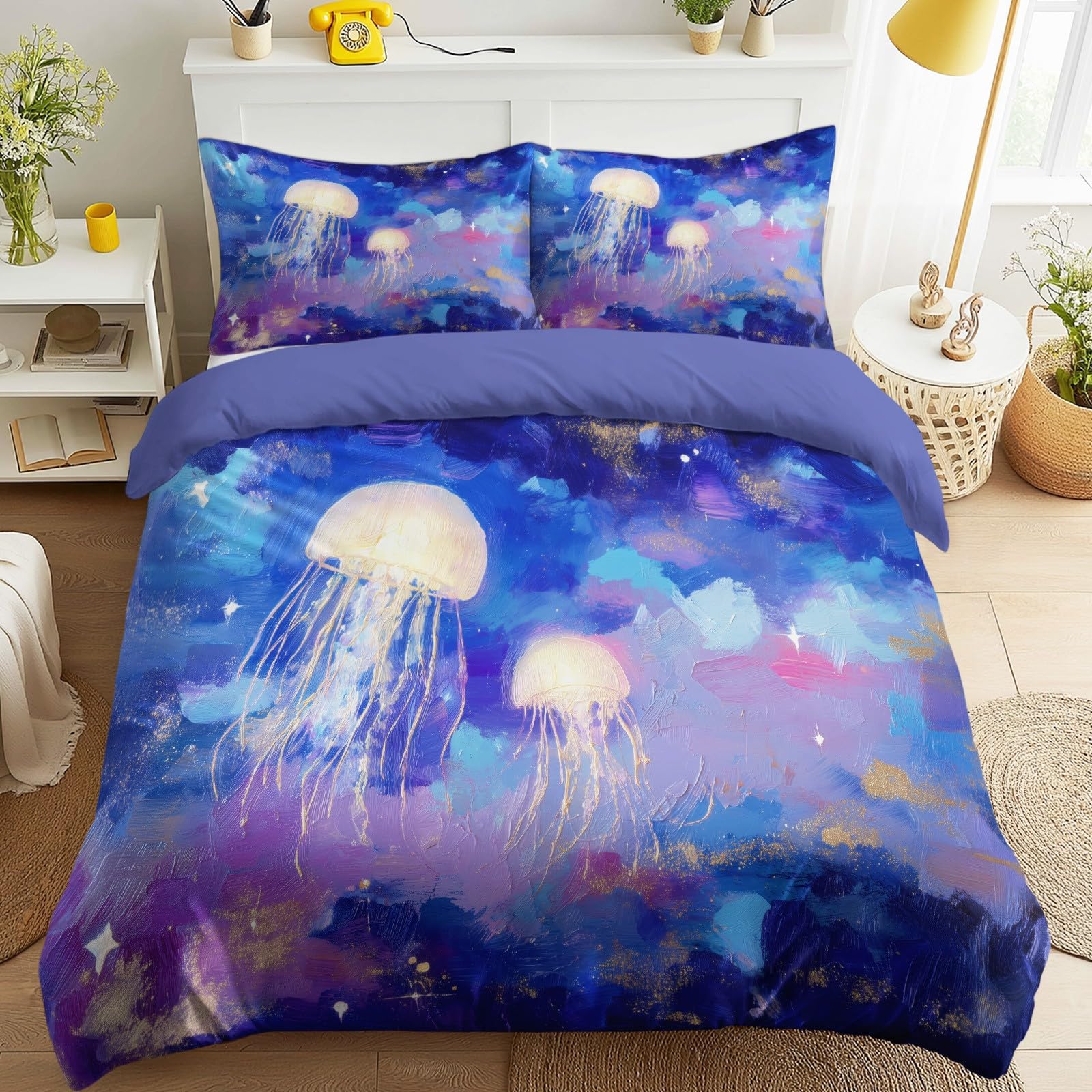 Funda de edredón Queen de medusas con diseño de pintura al óleo, juego de cama de 3 piezas Dreamy
