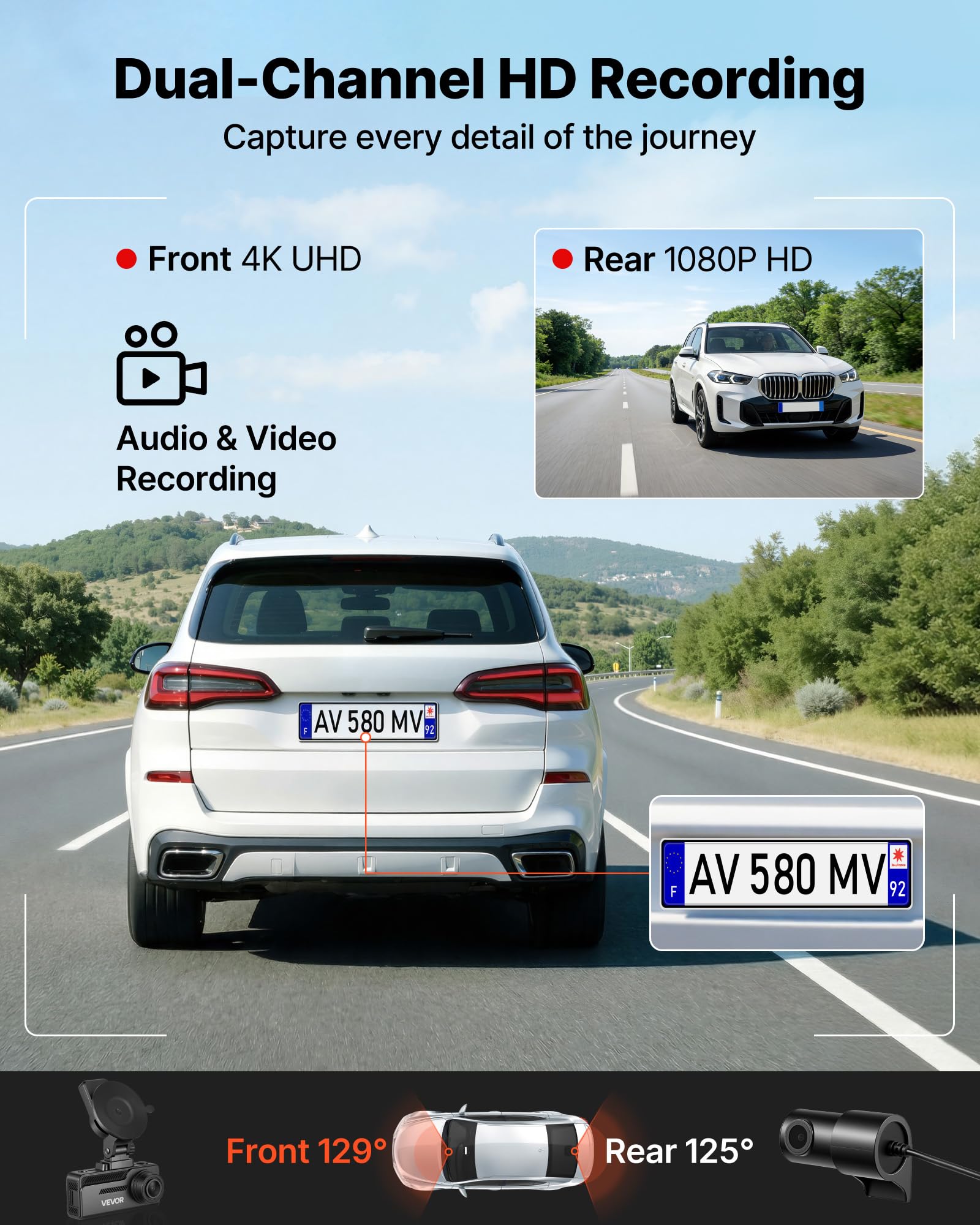 VEVOR Dashcam Voiture Avant et Arrière, 4K et 1080P, Caméra Embarquée Double Canal, avec Carte Mémoire 32 Go, GPS Intégré, Angle 129° et 125°, Écran de 80,8 mm, Enregistrement en Boucle, Mode Parking