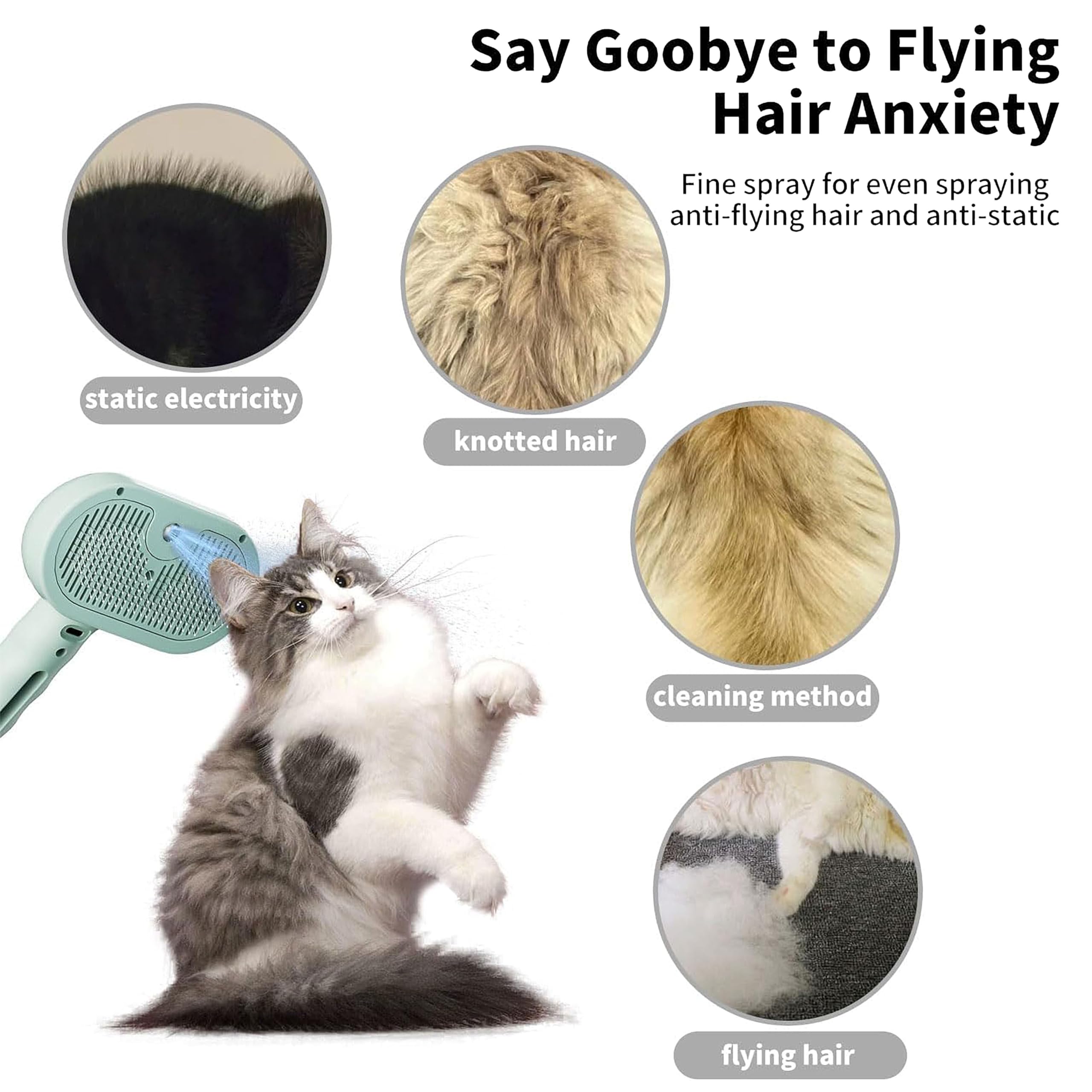 Cepillo de vapor 3 en 1 para gatos, cepillos de vapor de acero inoxidable ABS para perros, cepillos silenciosos de 36 dB con aerosol, con un tanque de agua integrado de 35 ml para mascotas, todo tipo