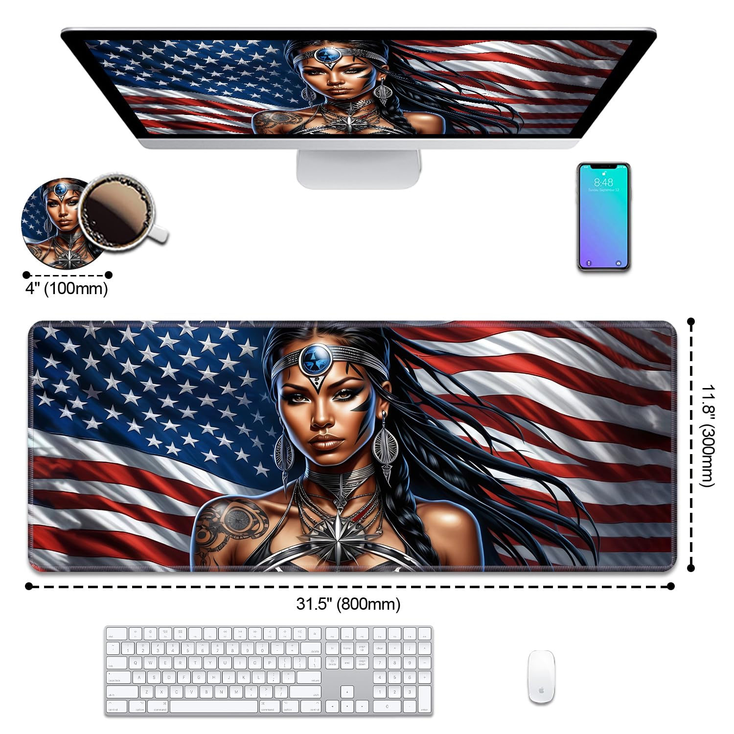 Alfombrilla de escritorio con diseño de bandera americana con posavasos, tamaño XL, grande, extendida, para escribir, bordes cosidos, base de goma antideslizante para trabajo, juegos, oficina, hogar,