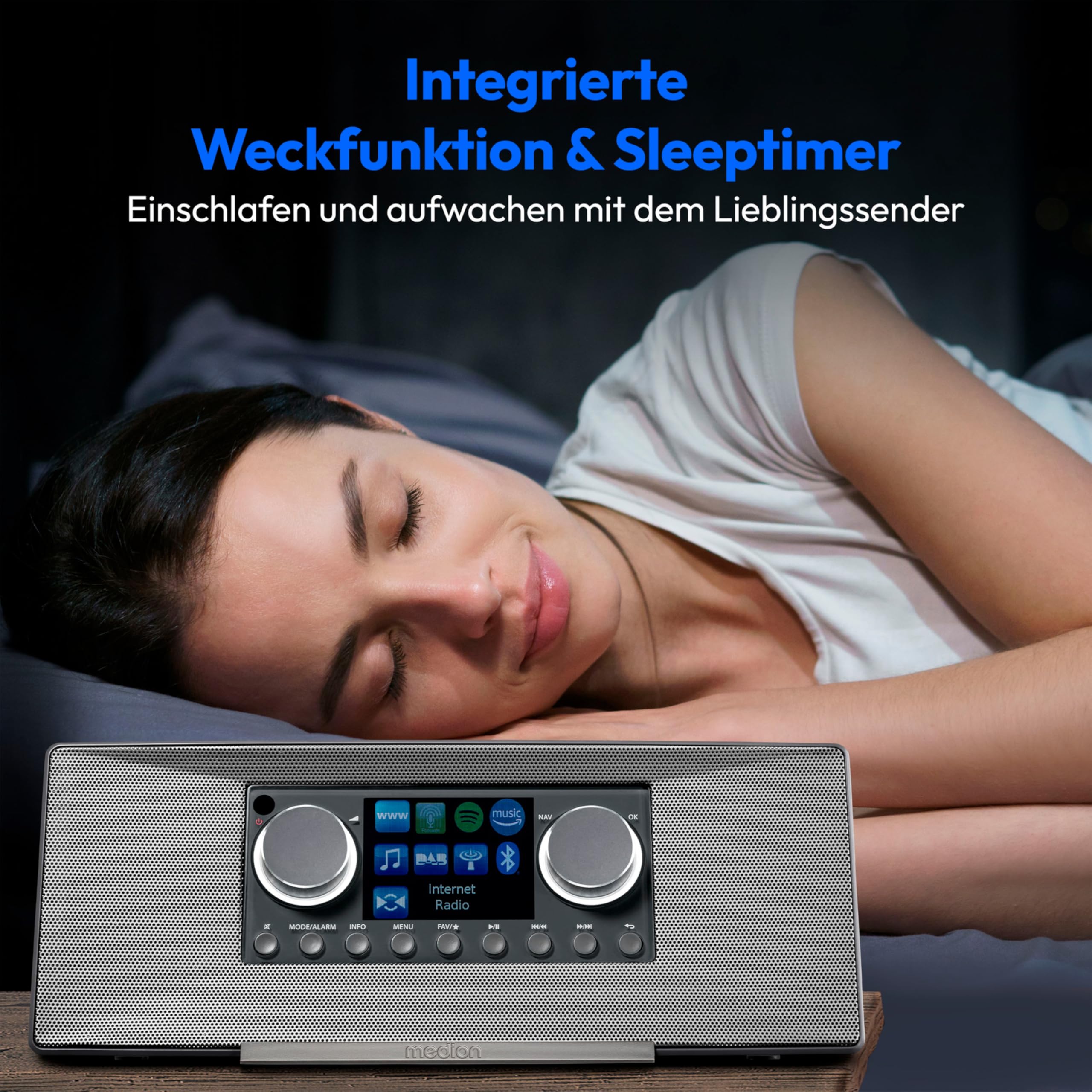 MEDION P85333 Internetradio mit DAB+ (WLAN, UKW, Spotify Connect, Amazon Music, DLNA, USB, Kopfhörer-Anschluss, AUX, Stereo Line-Out Cinch, Sleep Timer) grau