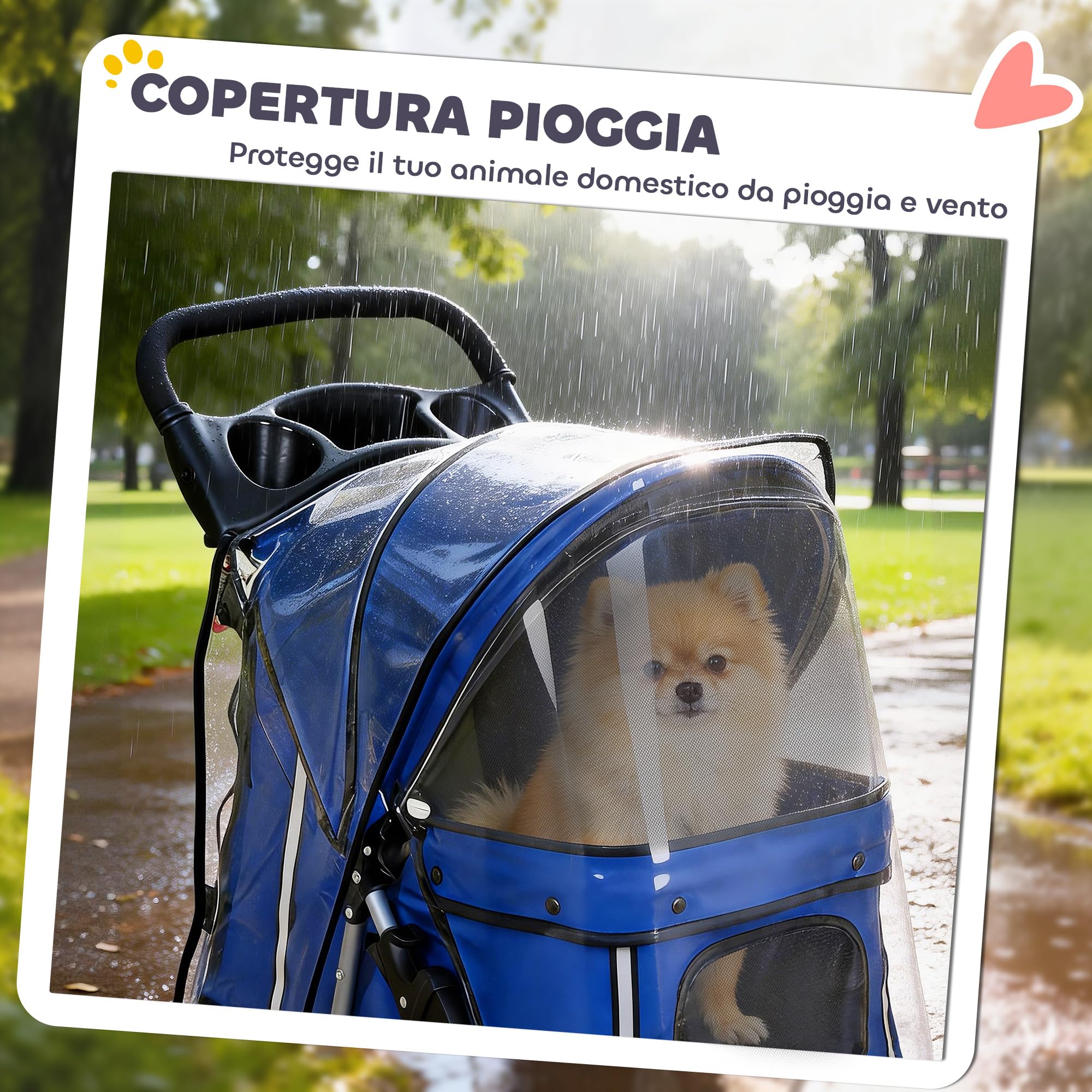 PawHut Passeggino per Cani Pieghevole, Carrozzina per Animali con Copertura Antipioggia, Catarifrangenti, Ruote Girevoli a 360°, Freni e Cuscino Lavabile, Blu