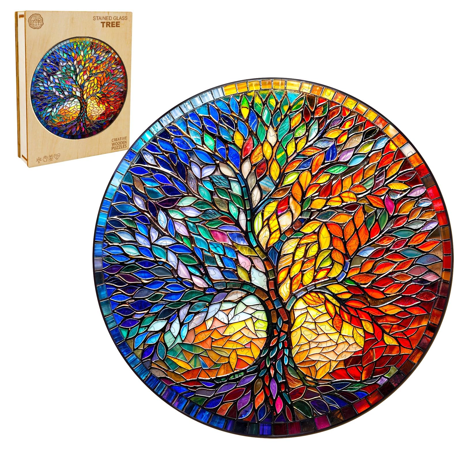 Holzpuzzle Erwachsene, 300 Teile Bunt Glas Baum Holz Puzzle Erwachsene, 34x34cm Wooden Puzzle, Unregelmäßige Einzigartige Puzzle, Holzpuzzle Tierform, Holz Puzzle Mit Geschenkbox Aus Holz