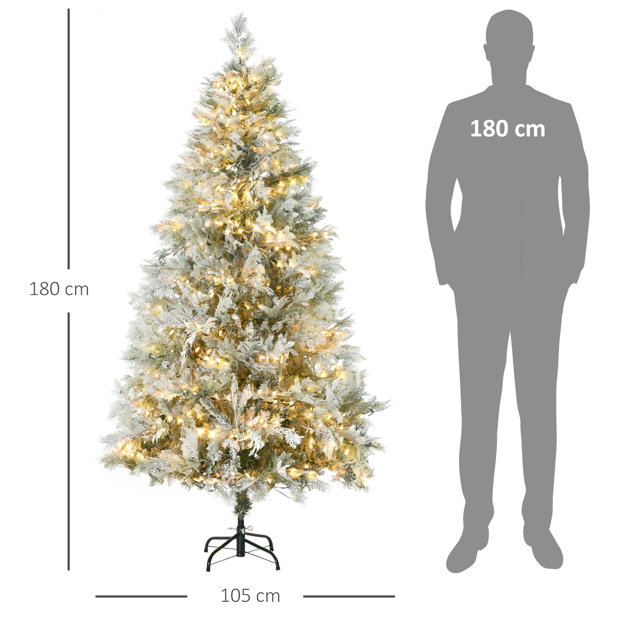 HOMCOM Árbol de Navidad Artificial 180 cm, 300 Luces LED Blancas Cálidas | Árbol de Navidad Nevado, 577 Ramas, Forma de Ciprés, Base Plegable, Decoración Navideña