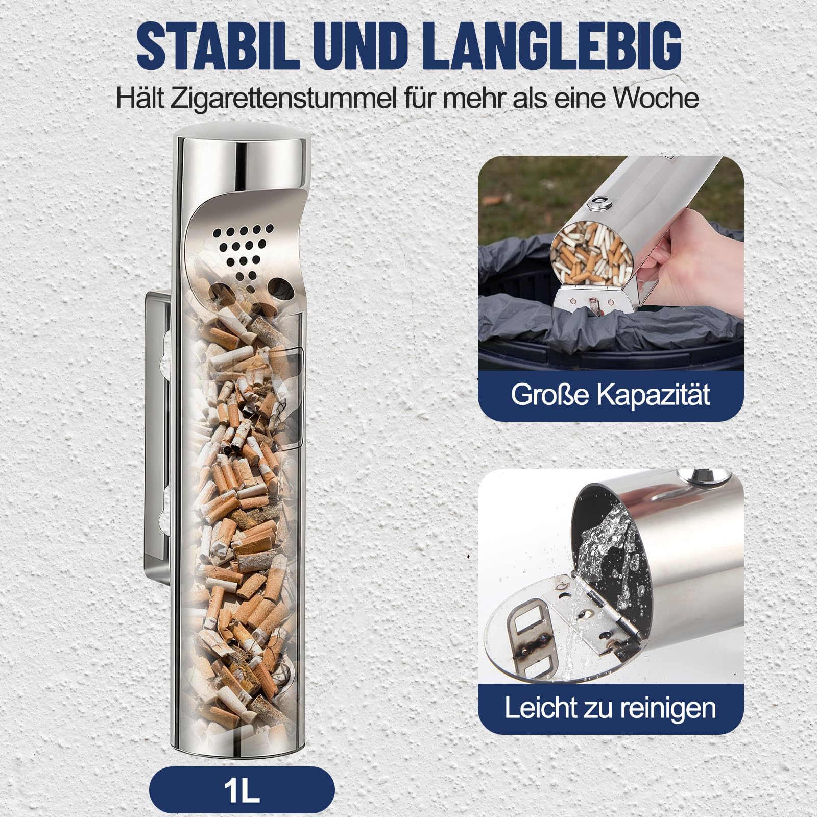 Aschenbecher Wandmontage Edelstahl, Wandaschenbecher für Draußen, Standaschenbecher mit Schloss für Terrasse Pub Bar Büro Hotel Restaurant (1 Stück, Silber)