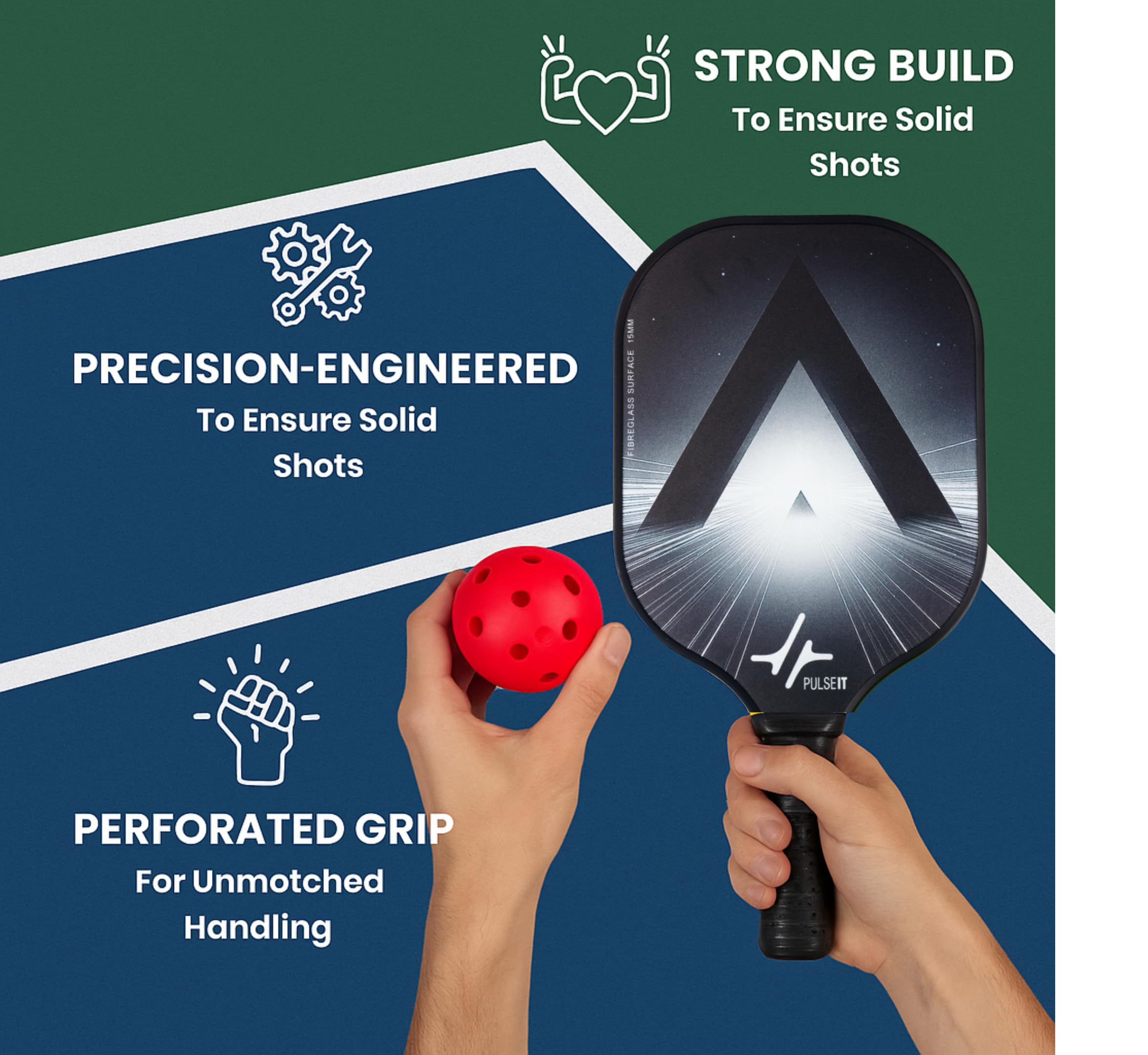 PulseIT Pickleball Paddle | 15mm Fiberglass Honeycomb Core, Lightweight & Non-Slip Grip | Indoor & Outdoor Pickleball Racket for Men & Women, All Skill Levels | Lunar Black 2