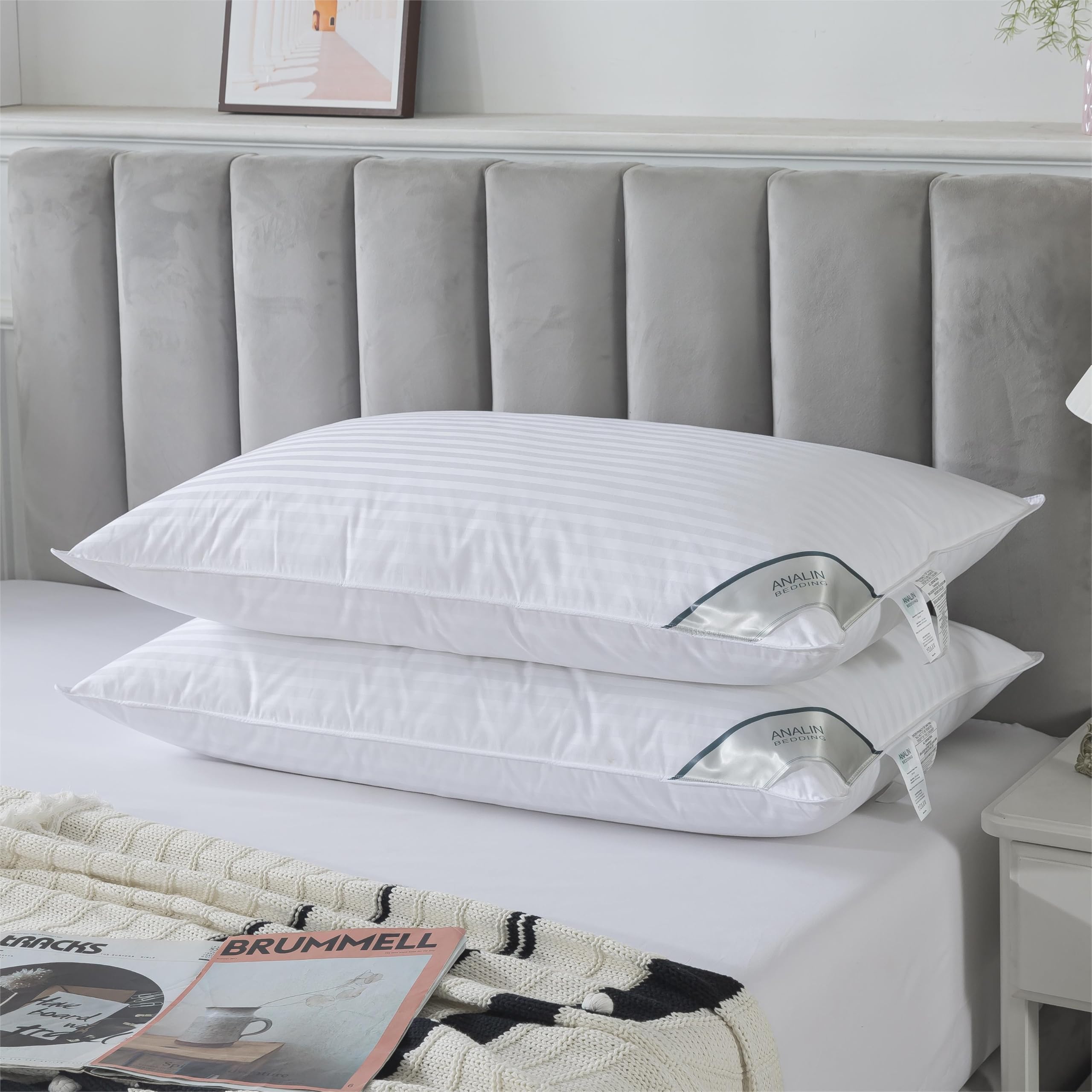 (only 1) ANALIN Goose Feather Down Pillows King Size Set of 2, Soft Fluffy Luxury Hotel Collection Pillow, 100% Cotton Shell, Medium Firm Bed Pillow for Back, Stomach or Side Sleeper.(15% Goose Down)