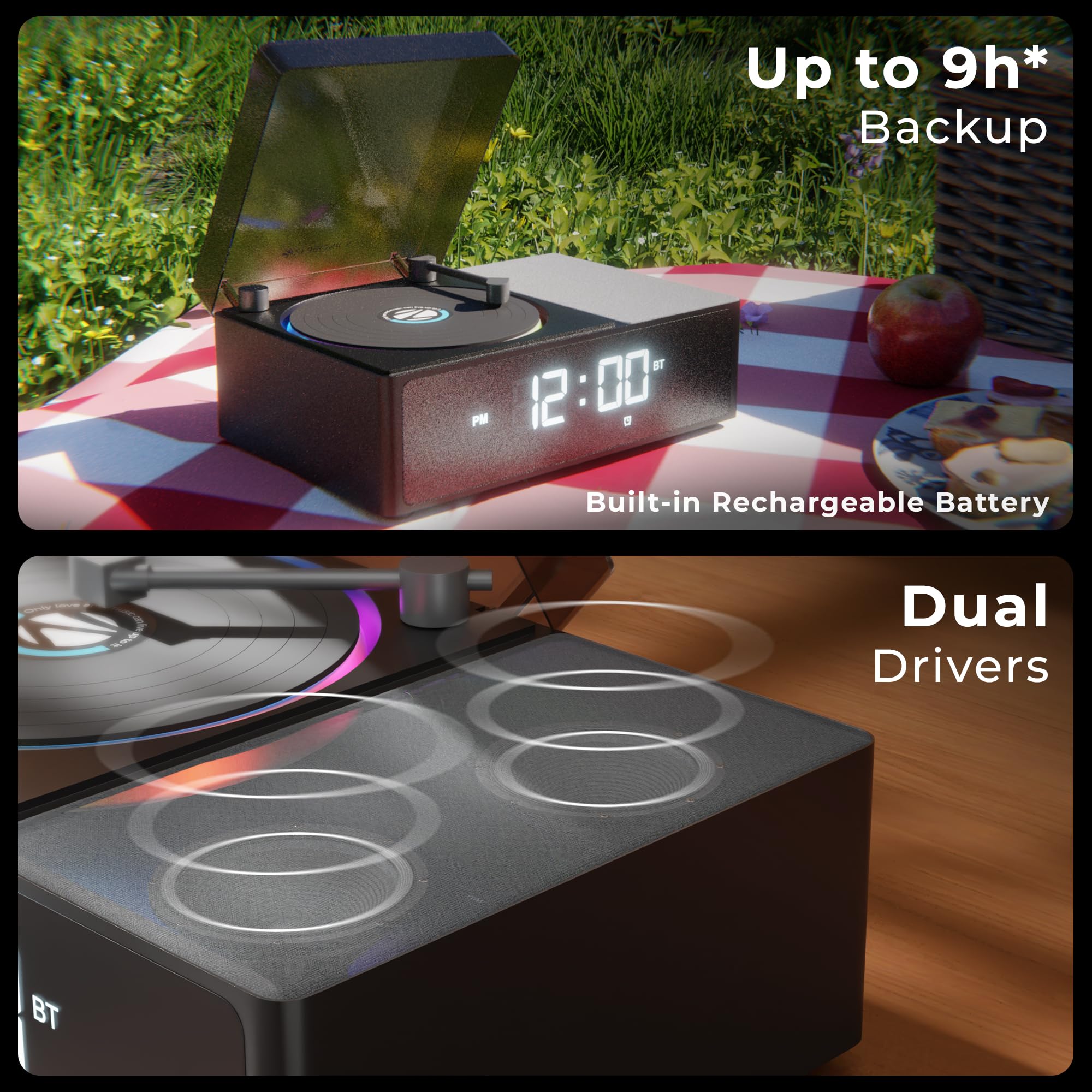 Zebronics 10W Portable Bluetooth v6.0 Speaker, Dual 5.2cm Drivers, 9hr Backup, Retro CD Design, 6 Ambient Sound Effects, TWS Support, Passive Radiator, Built-in Clock, Alarm & Call Function (Echospin) — Amazon image 3
