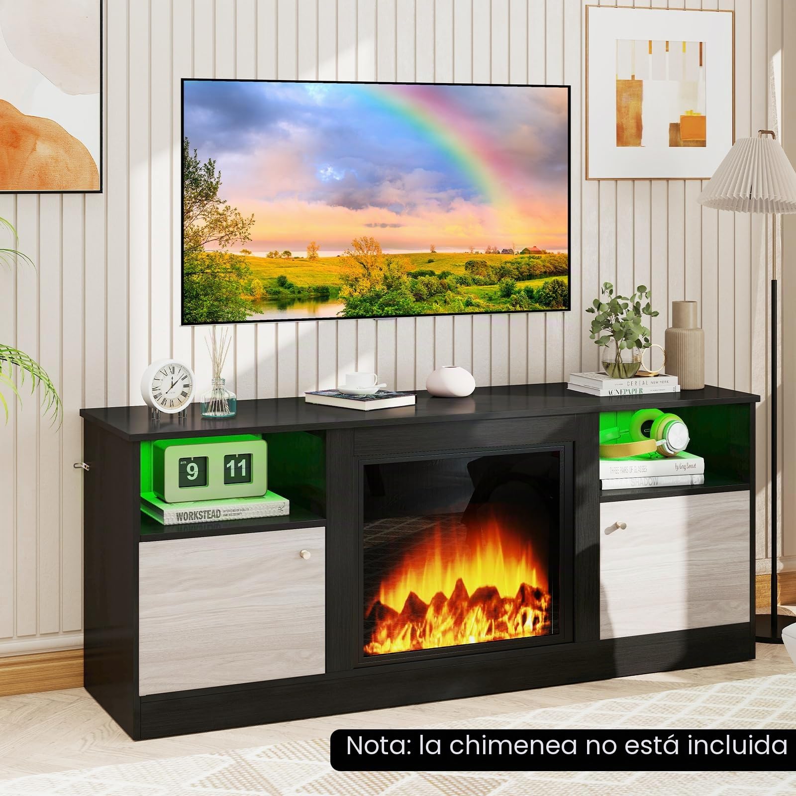 KOMFOTTEU Mueble para TV de 65" con Luces LED | Mesa Baja para Televisor con Estante Ajustable y Compartimento Abierto, Centro de Entretenimiento para Salón, Dormitorio