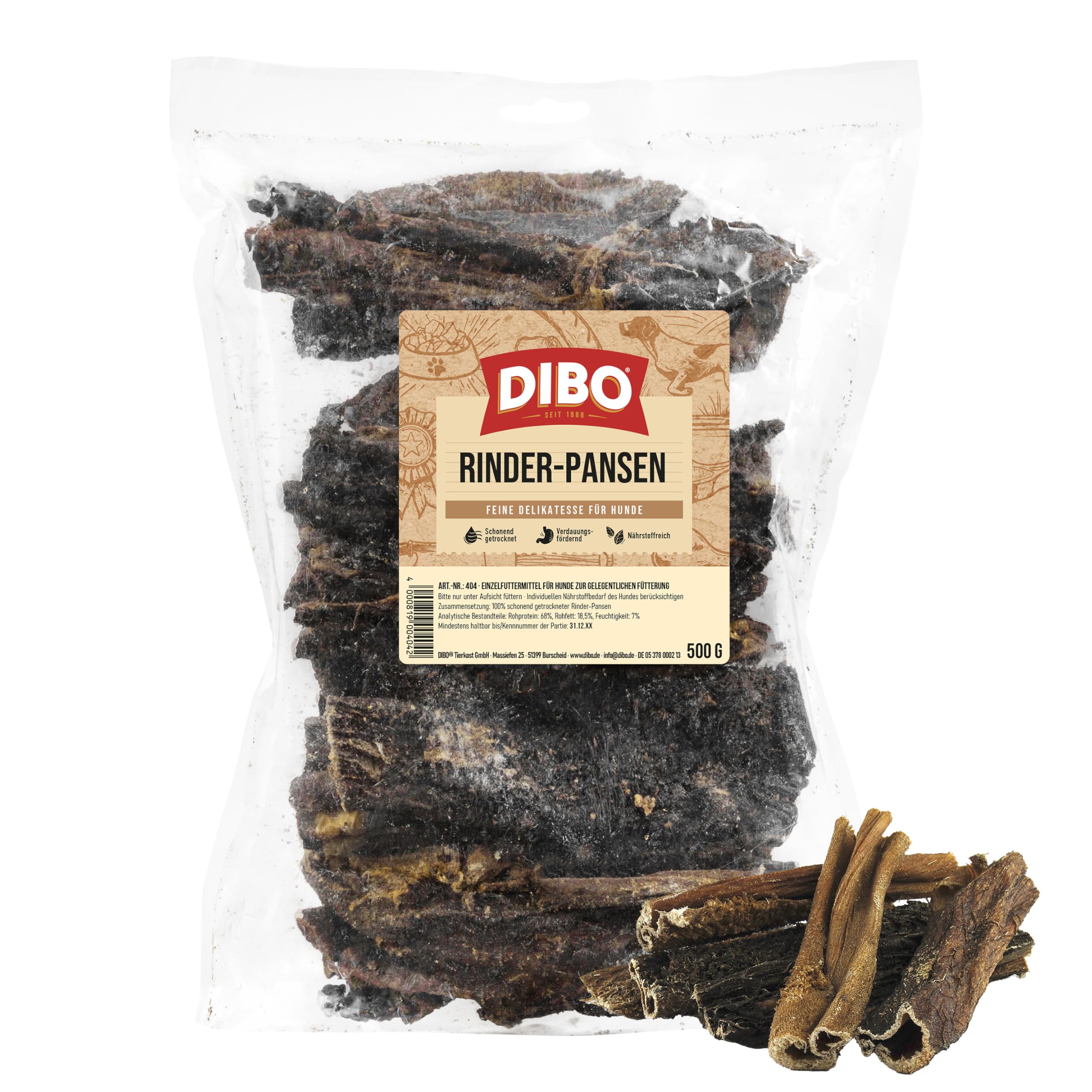DIBO Rinderpansen, 500g, der kleine Naturkau-Snack oder Leckerli für Zwischendurch, Hundefutter, Qualitätskauartikel ohne Chemie