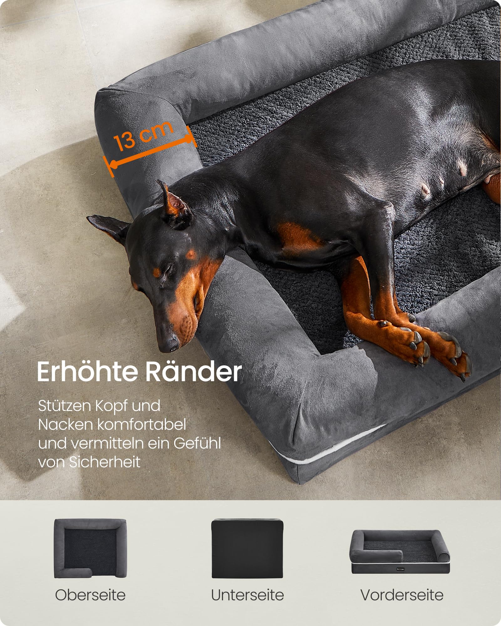 Feandrea Orthopädisches Hundebett, Hundekissen, Hundekorb, weiche Polsterung, Hundesofa, erhöhte Ränder, Bezug abnehmbar und waschbar, 120 x 85 x 18 cm, rutschfeste Unterseite, dunkelgrau PGW078G01V1