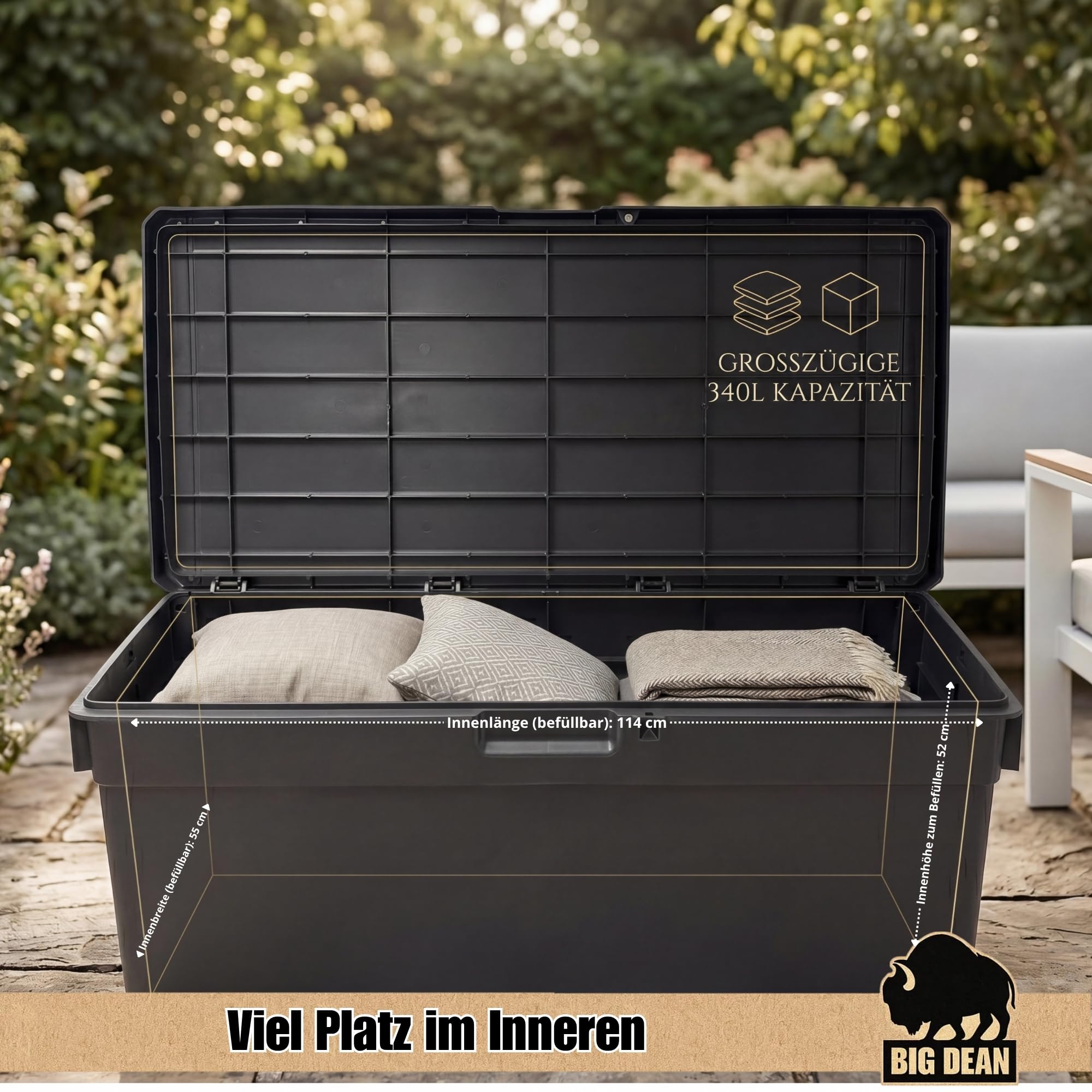 BigDean Auflagenbox Kissenbox Klicksystem 340 Liter Deckel abschließbar | Stabiler und überlappender Deckel hält Feuchtigkeit fern