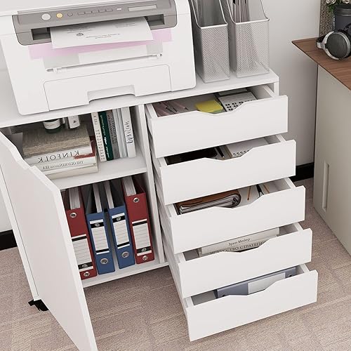 Miniatura 6 de PUNCIA Armarios de almacenamiento de archivos de madera móviles de 5 cajones con tomas de corriente y puerta, archivador lateral para oficina en