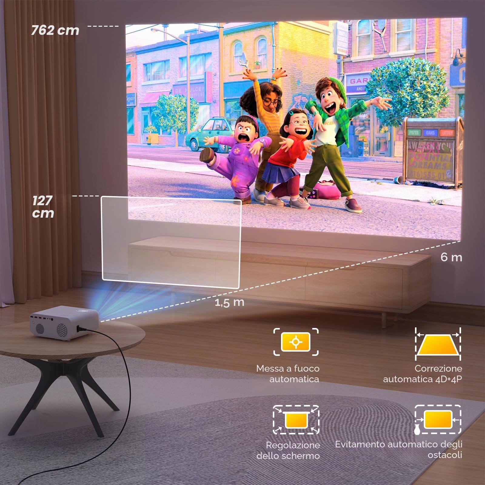 Jimveo Proiettore video 4K – Autofoco/Keystone 1000 ANSI Full HD 1080P WiFi 6 & Bluetooth, Proiettore Retrò Portatile, Home Cinema