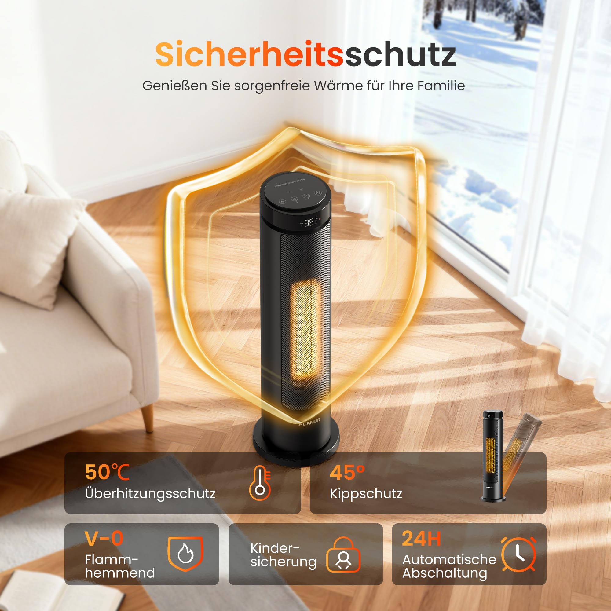 FLANUR Heizlüfter Energiesparend, 2000W PTC Keramik Heizlüfter mit Thermostat & Fernbedienung, ECO Modus, 70° Oszillation, 12h Timer, Überhitzungs-Kippschut, 60cm, Black