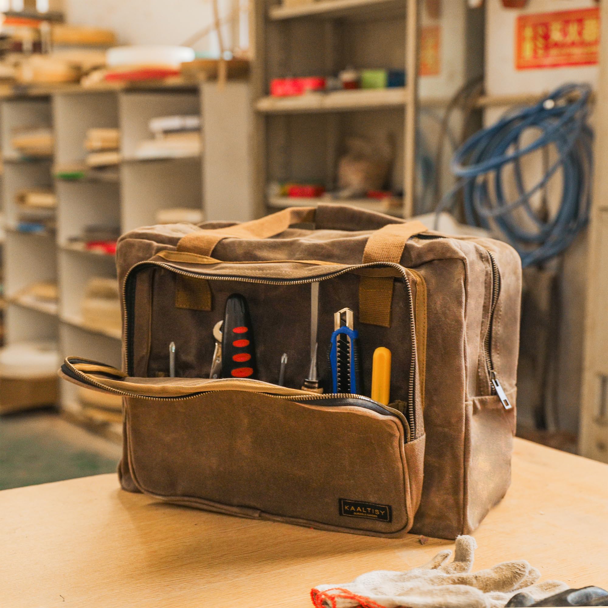 Bolsa de herramientas de lona encerada de 16 oz, resistente, con 3 compartimentos y asa acolchada (gris), bolsa de jardín para jardinería, cortador de alambre y llaves