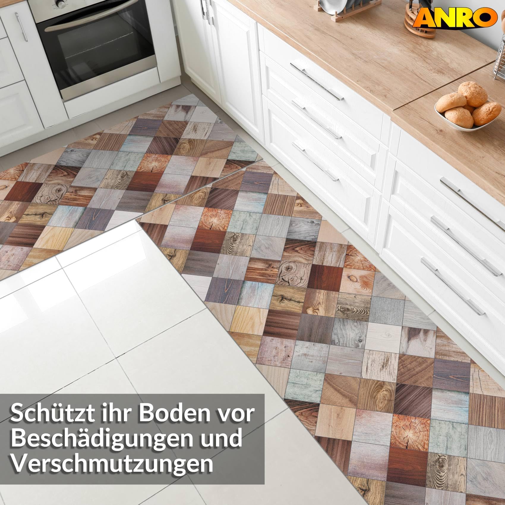 ANRO Küchenläufer Teppichläufer abwaschbar Läufer Flur rutschfest pflegeleicht Holz Patchwork 240 x 52 cm