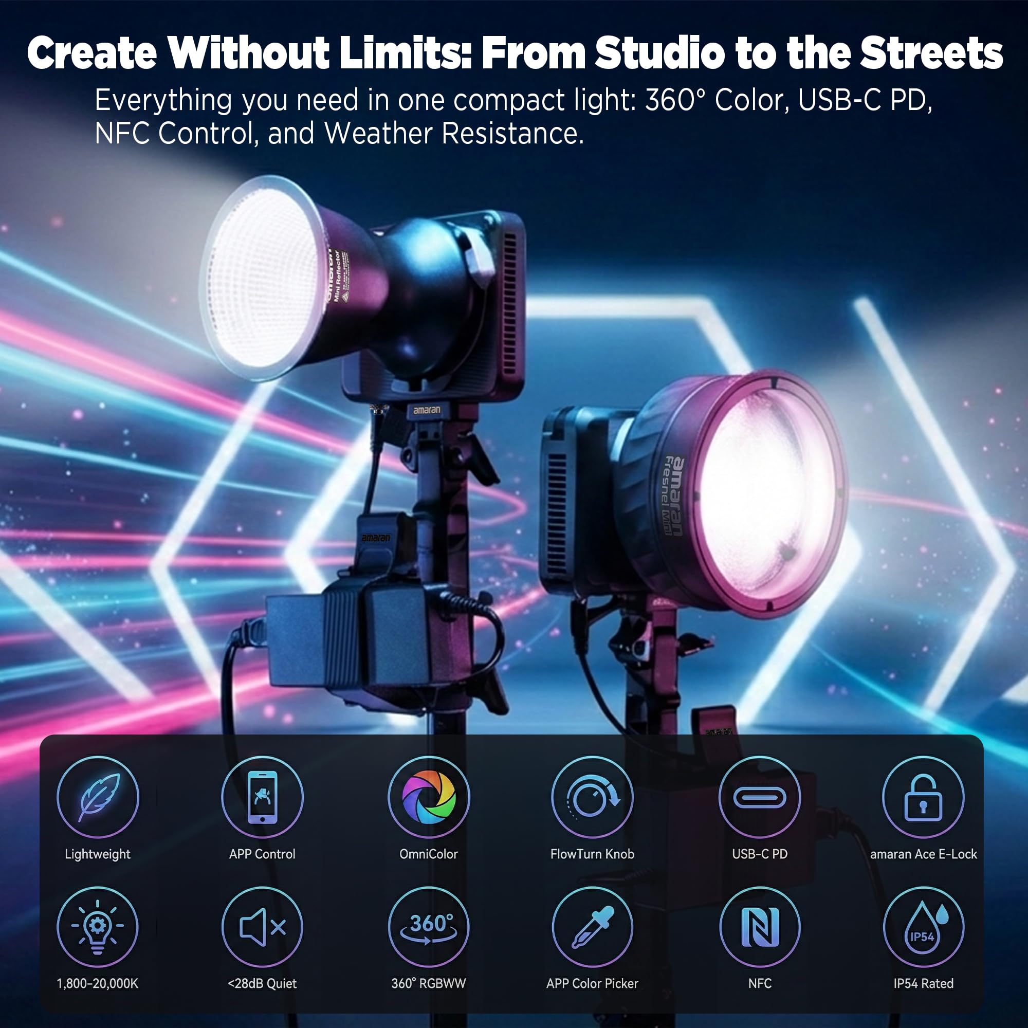 Amaran Ray 120c Full Color COB LED Video Light, 120W Ultra-Compact Travel Light con Octa Dome 30 Softbox, USB-C PD Power, IP54, OmniColor Engine, 2.300K-10.000K, App/NFC Control, Bowens Mount
