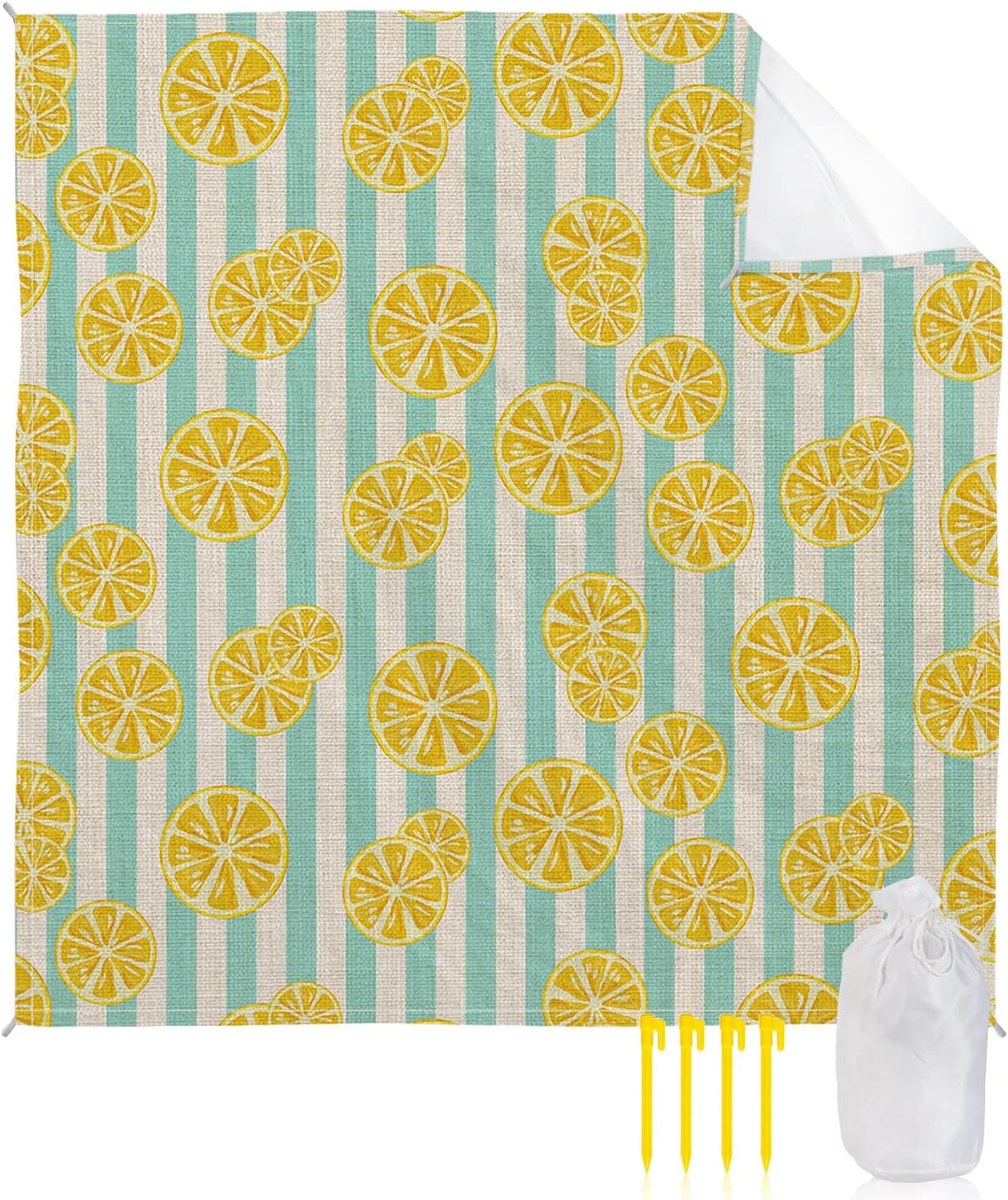 Retro Farm Summer Lemons Beach Blanket Waterproof Sandproof Outdoor Picnic Mat 95"x80" Teal Stripes Lightweight Large Beaach Blankets with 4 Stake & 4 Corner Pockets