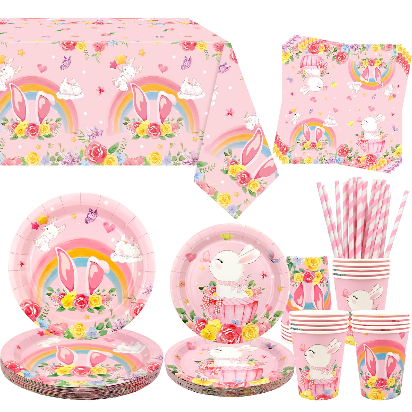 Obussgar Bunny Party Decoration - Rabbit Birthday Party Tableware Supplies Includes Plates, Cups, Napkins, Tablecloth, Straws - Serves 20