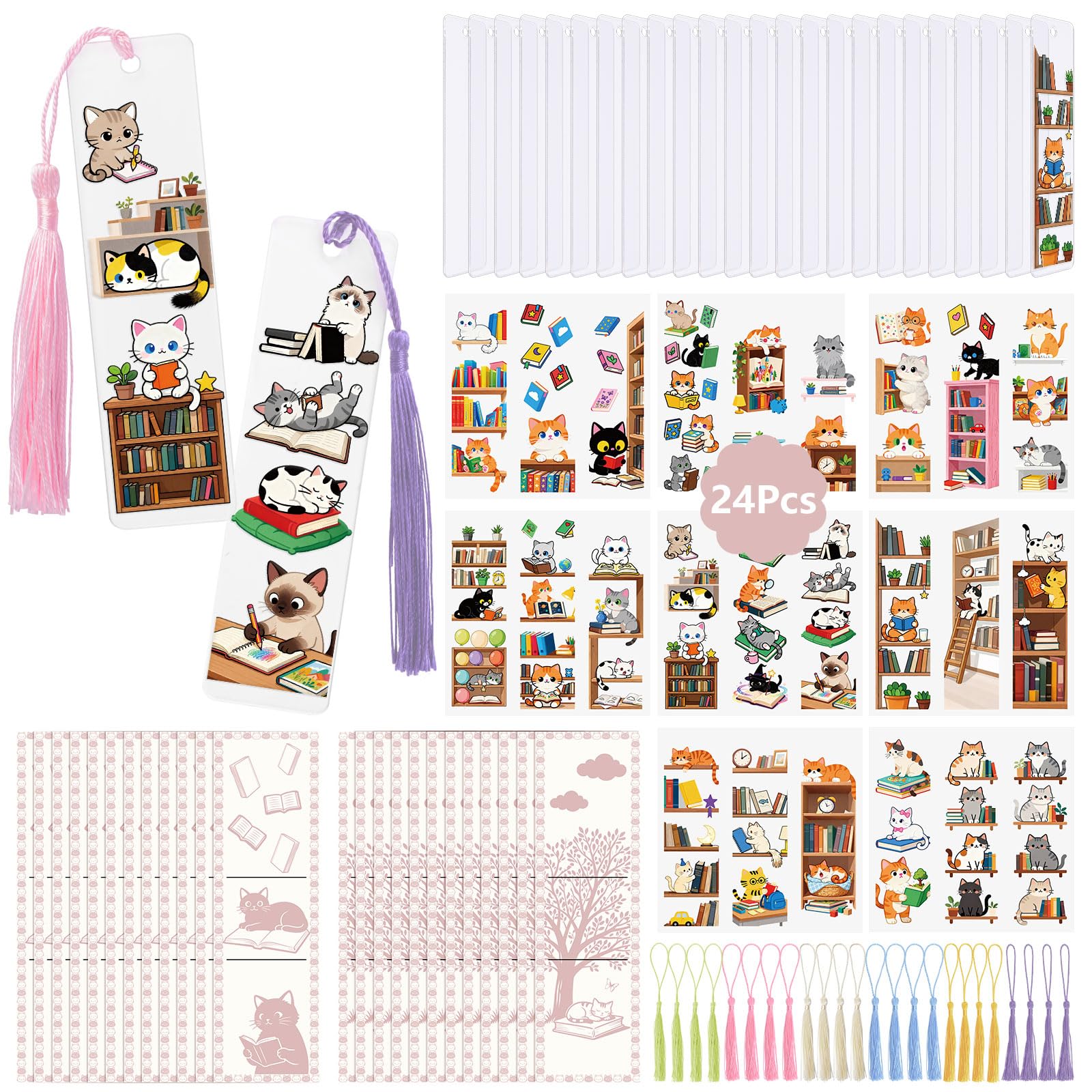 WANDIC 24Pcs Cartoon Cat Book Acrylic Bookmarks with UV DTF Transfer Stickers Handcraft Scrapbooking Supplies with Tassels for Journaling Presents