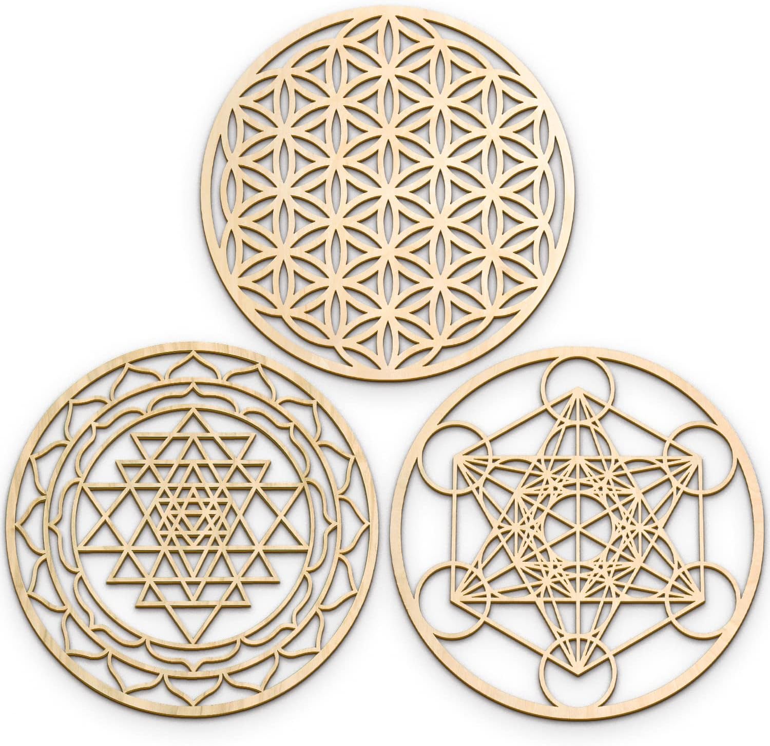 Fourth Level MFG 3-Piece 12" Sacred Geometry Wood Wall Art Set A (Flower of Life, Metatron's Cube, Sri Yantra), Zen Home Decor for Yoga/Meditation, Wooden Wall Hanging Sculptures, Chakra Artworks