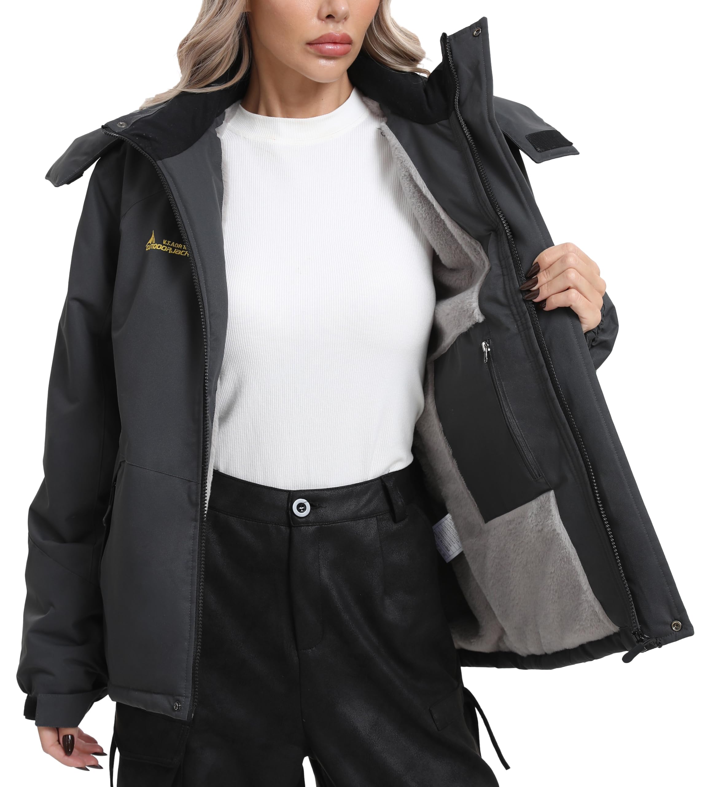 Veste Ski Femme Imperméable Polaire Veste Softshell Montagne Snowboard Hiver Chaud Coupe-vent Manteaux avec Capuche Amovible Extérieur