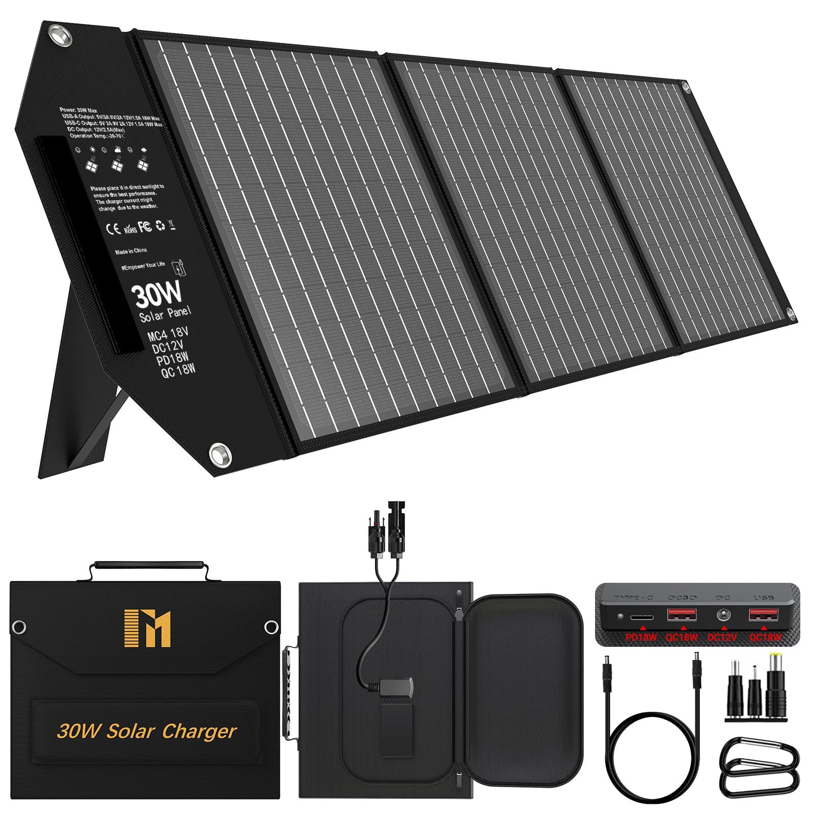 30W Portable Solar Panel Charger with 5 Ports, 18V MC4 Higher Output/18V DC/QC 3.0 USB-A & USB-C(PD 18W) Foldable Solar Panel with Kickstands for Tablet Powerbank Camping