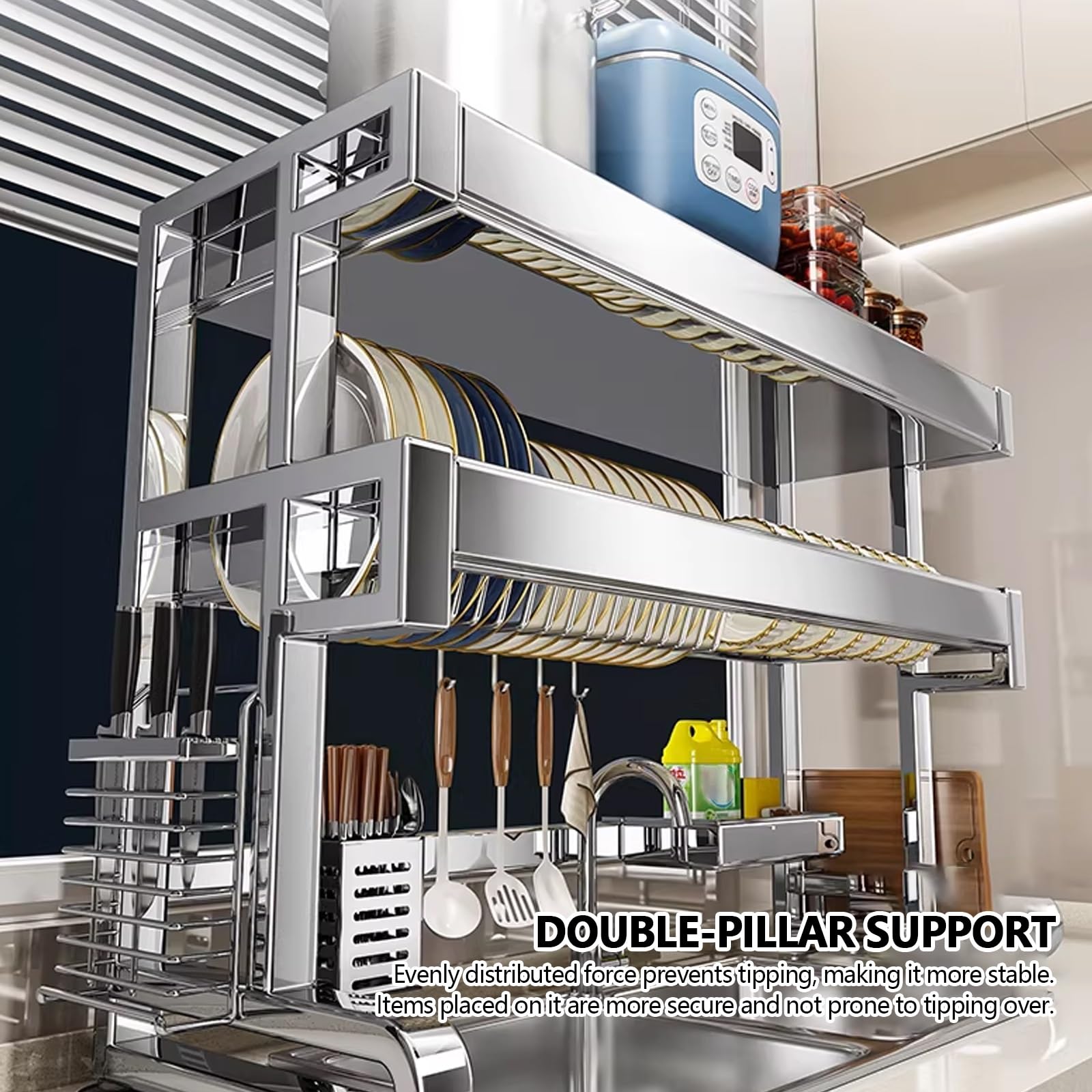 Doble capa Escurridor Platos Cocina organizador, scola piatti da appoggio sopra lavandino, Ahorra espacio Escurre Porta Cubiertos, Cocina cubiertos platos, con ganchos, portacuchillos.(76cm)