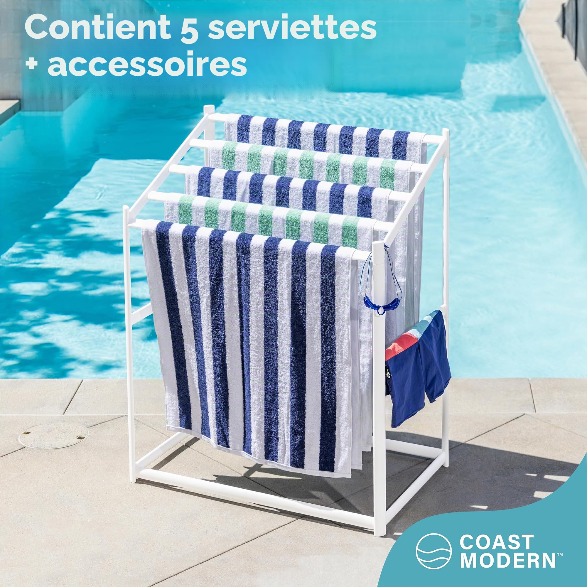 GoSports Coast Séchoir à Serviettes de Plage en PVC pour Piscine et Jacuzzi - Extérieur et intérieur - Design Moderne à 5 Niveaux - Caoutchouc PVC - Blanc