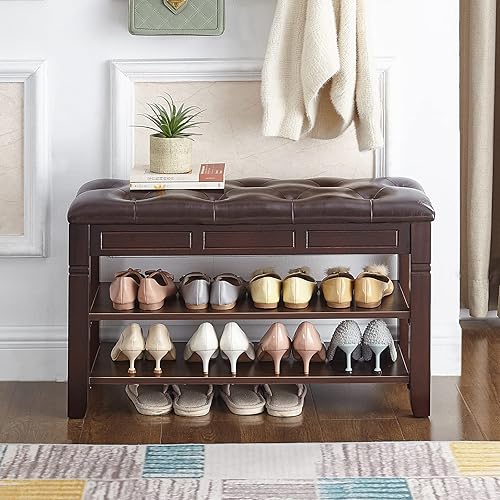 Miniatura 4 de HOOTSMALL Banco de almacenamiento de zapatos con cojín, banco de entrada con banco de almacenamiento de madera maciza para zapatos, ideal para