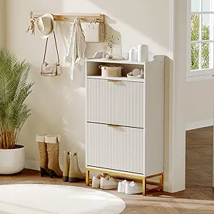 Garvee Narrow Shoe Cabinet Storage for Entryway, Modern Fluted Shoe Rack Organizer with 2 Flip Drawers and an Open Shelf for Hallway, Living Room, White