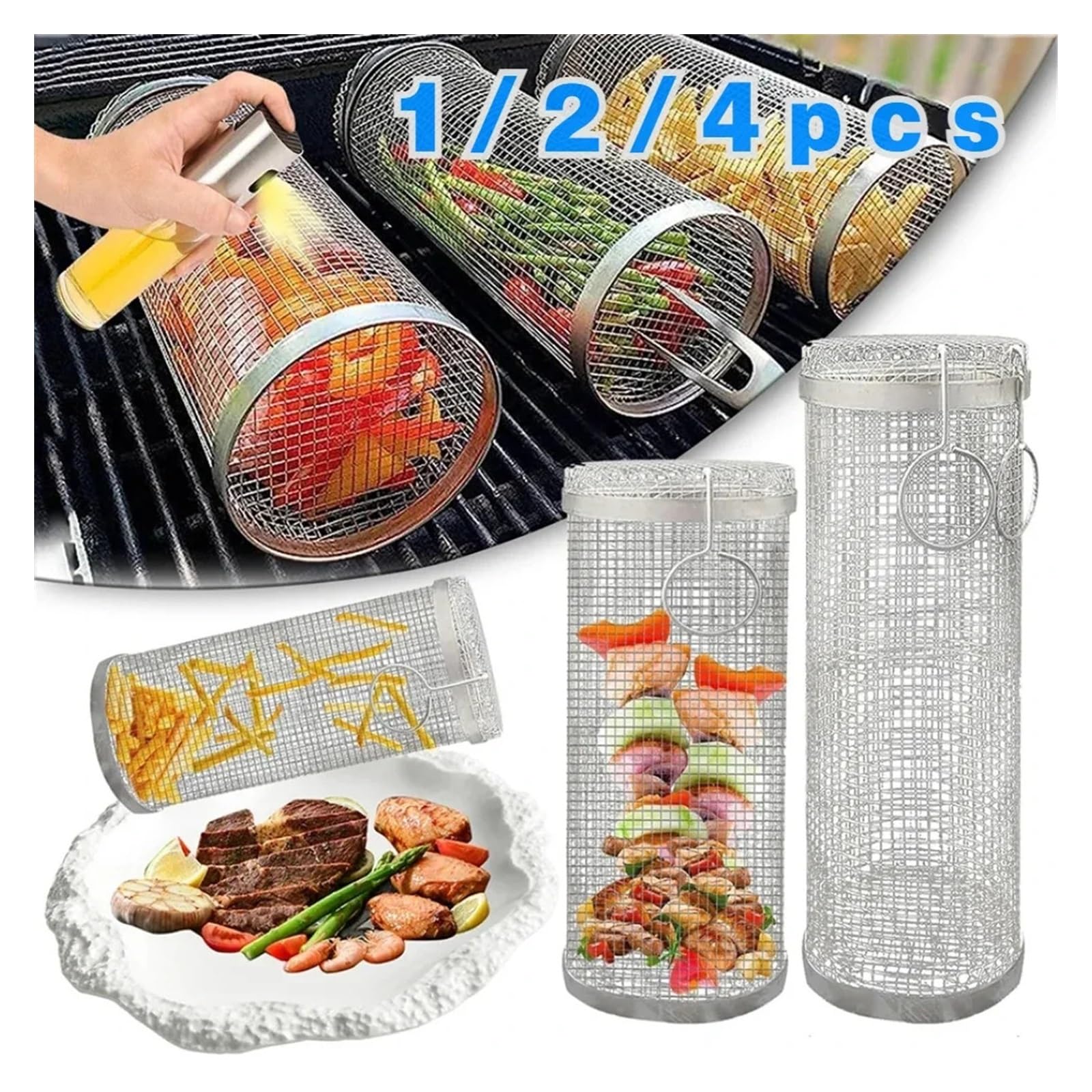 Klatka do grilla BBQ Największy kosz do grillowania Okrągły Cylinder ze stali nierdzewnej Grill Płonący pieczona siatka Campingowy stojak na grilla (Color : Oil Bottle x1)