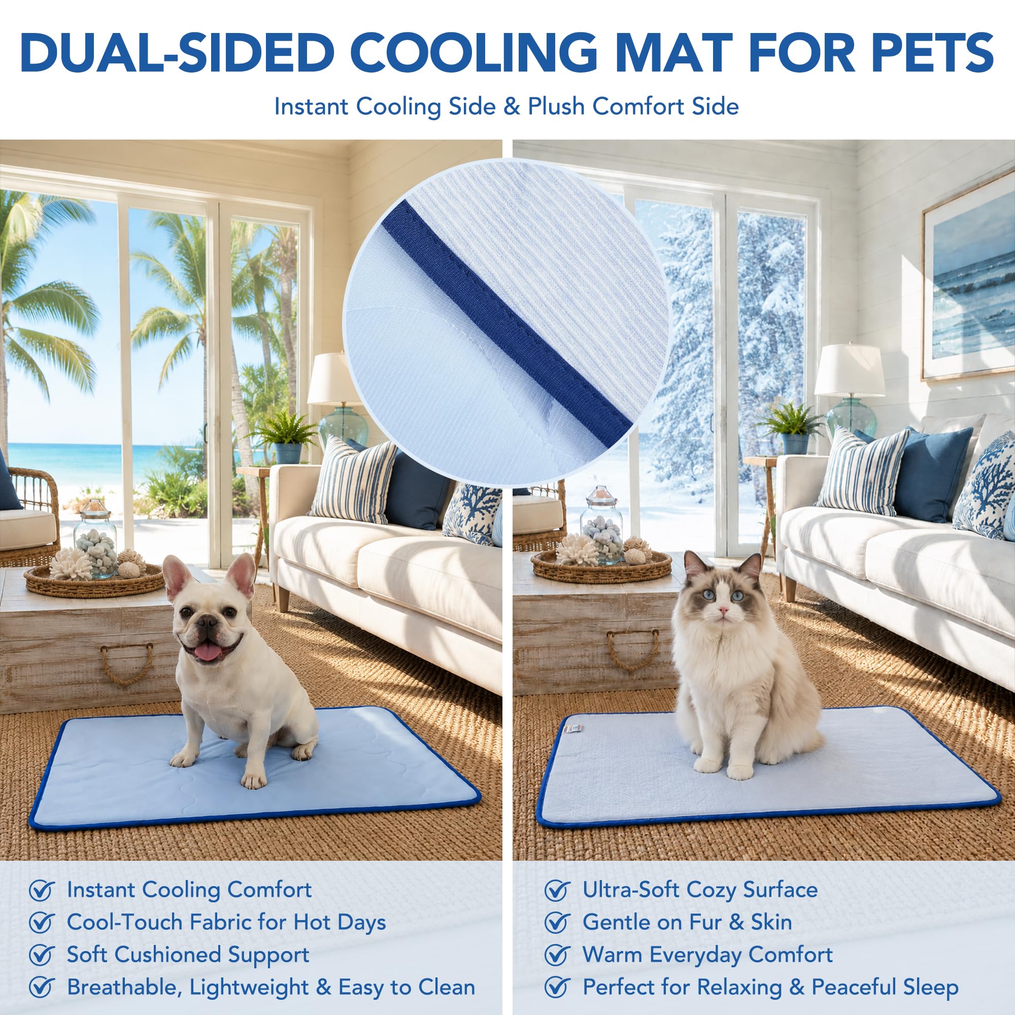Deconovo Tappetino Rinfrescante per Cani e Gatti 102x74 cm, Tappeto Fresco Double Face con Tessuto Cooling e Morbida Spugna, Trapuntato e Lavabile, Materassino Estivo per Cuccia, Divano e Auto, Blu