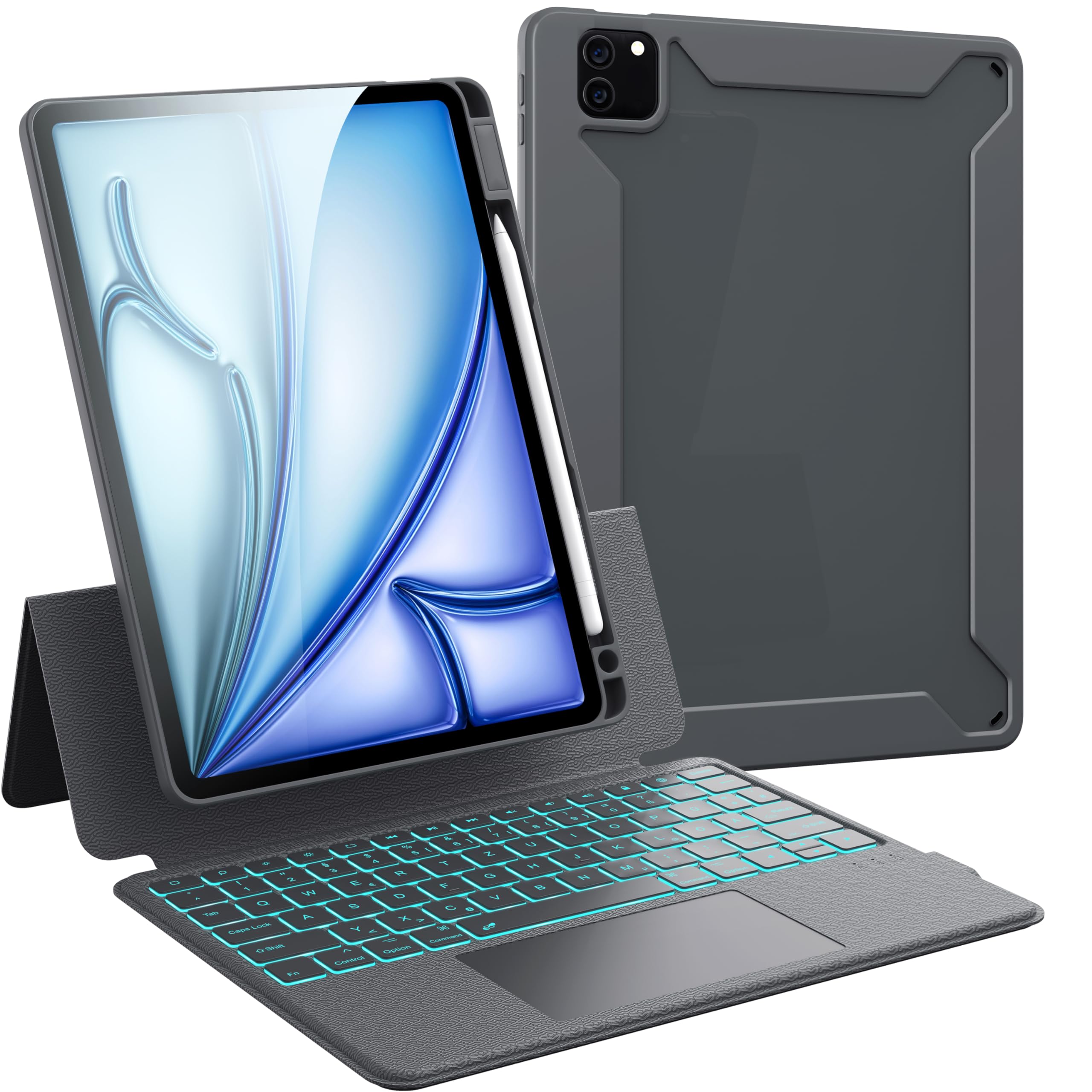CHESONA Custodia protettiva per iPad Air 2024 con tastiera da 11", supporto posteriore robusto per iPad Air 5/4 con touchpad, supporto regolabile da 15 a 180°, tastiera QWERTZ iPad Pro 11, grigio