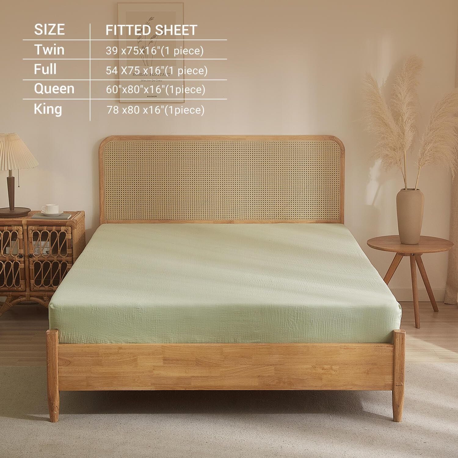 100% Muslin Cotton Sage Green Fitted Sheet Queen Only with 16" Elastic Deep Pocket, 1 Pack Soft Breathable Absorbent Gauze Double Fitted Bottom Sheet, Minimalist Fluffy Wrinkle Mattress Protector