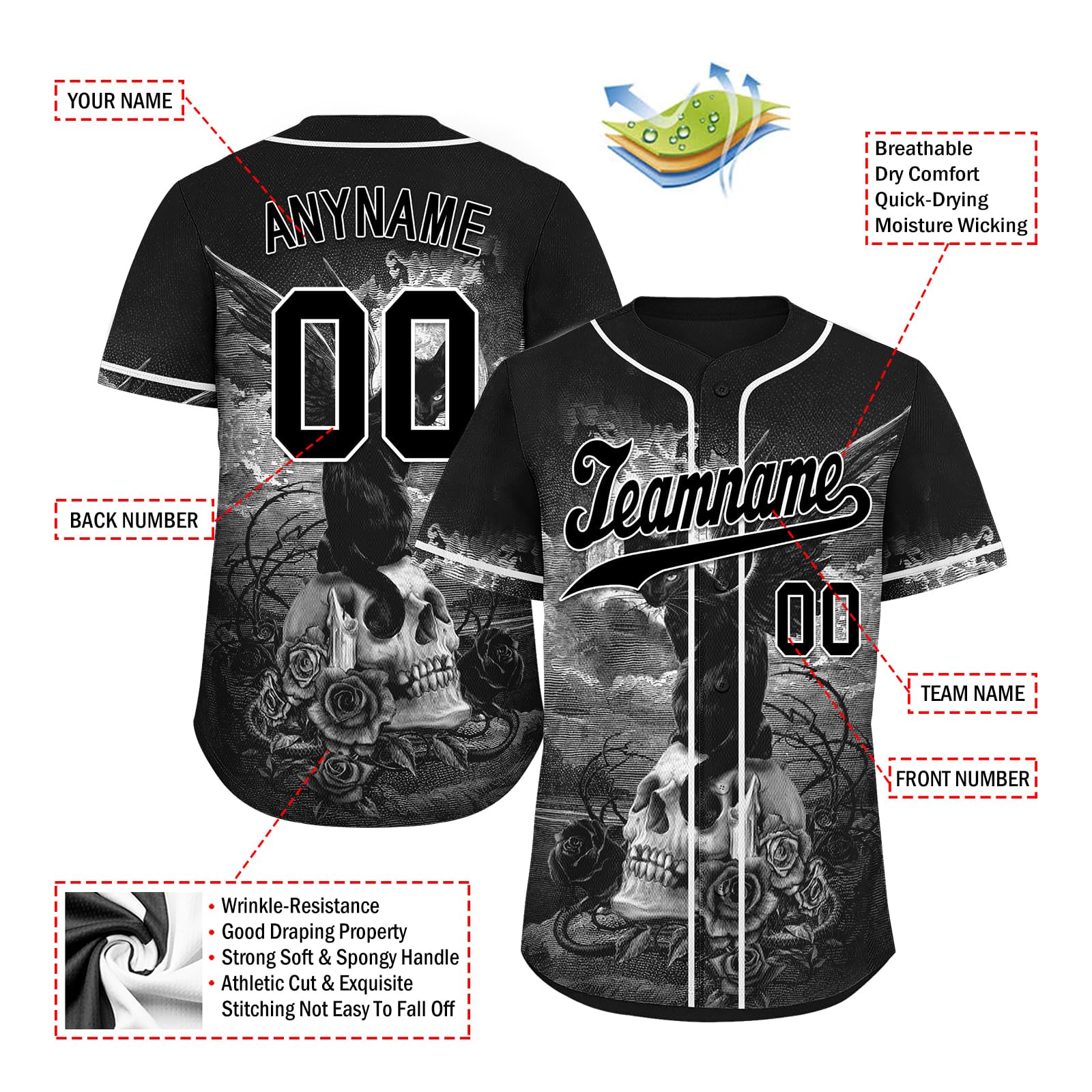 Custom Skull Gothic Baseball Jersey for Men/Kids- Print/Stitched Personalized Name Number Sports Uniform Punk Rock Streetwear