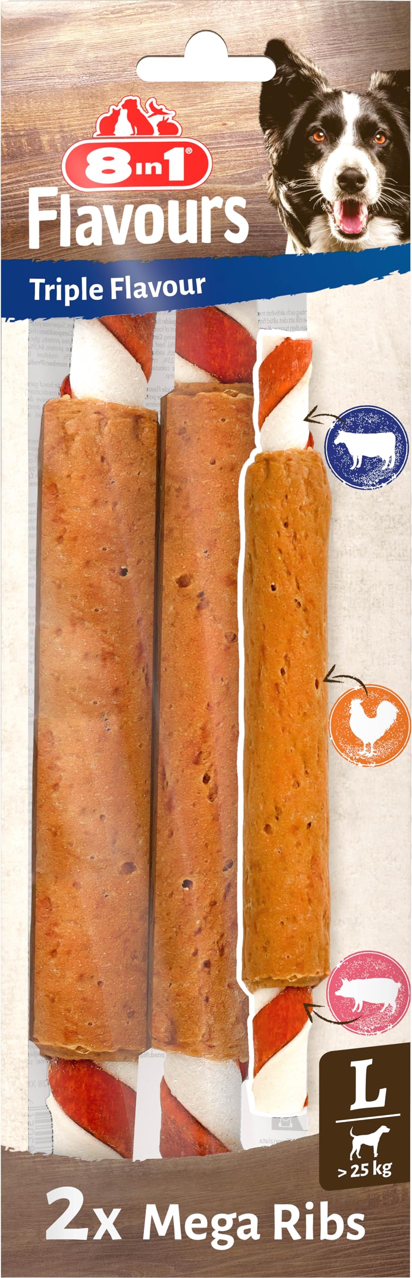 8in1 Triple Flavour Mega Ribs große Kaustangen für Hunde - Kausnacks mit extra viel Fleisch, 140g Beutel (2 Stück)