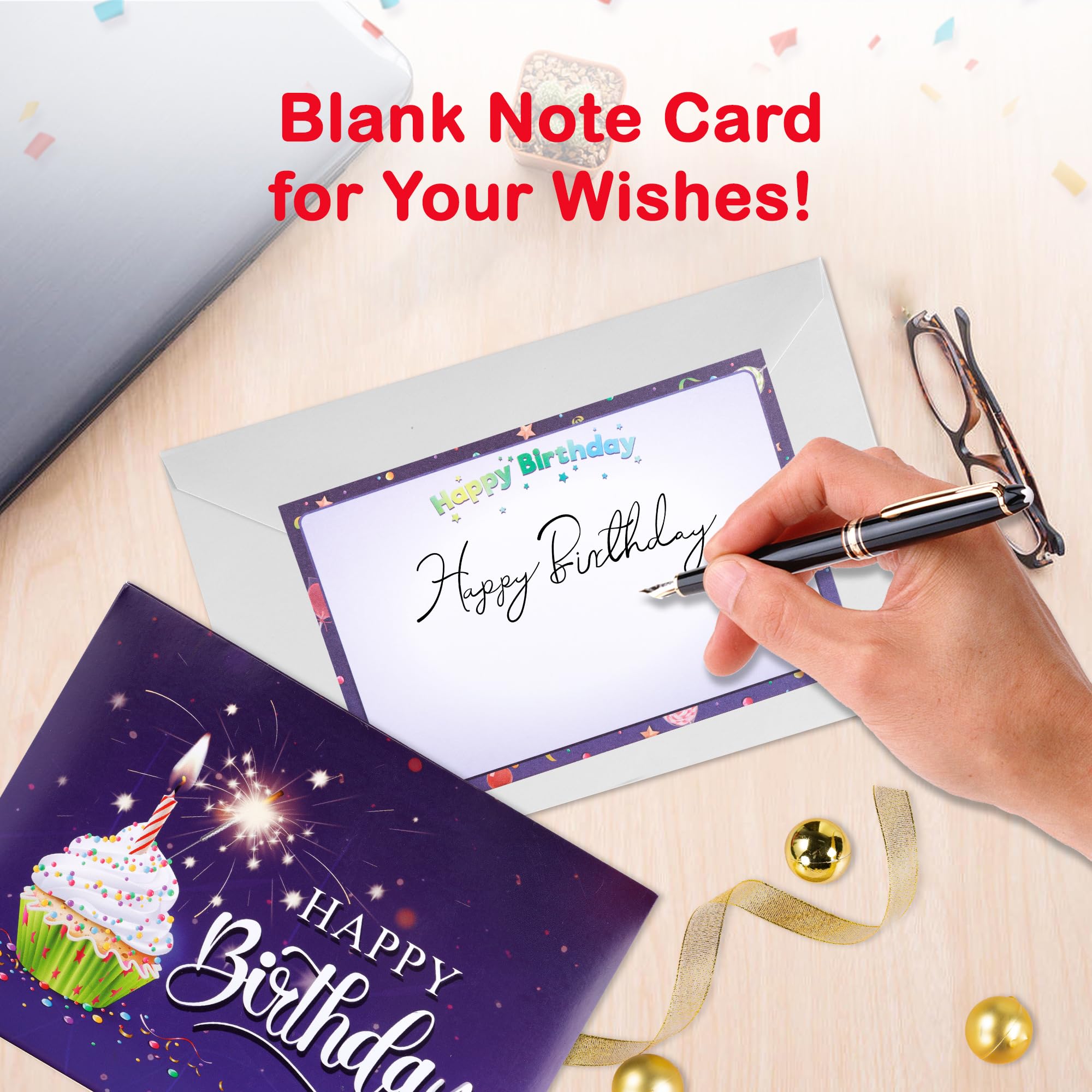 Tarjeta de feliz cumpleaños 3D emergente | Tarjetas de felicitación con luces musicales | Soplar la vela | Tarjeta desplegable de pastel de magdalenas | Reproduce una canción de feliz