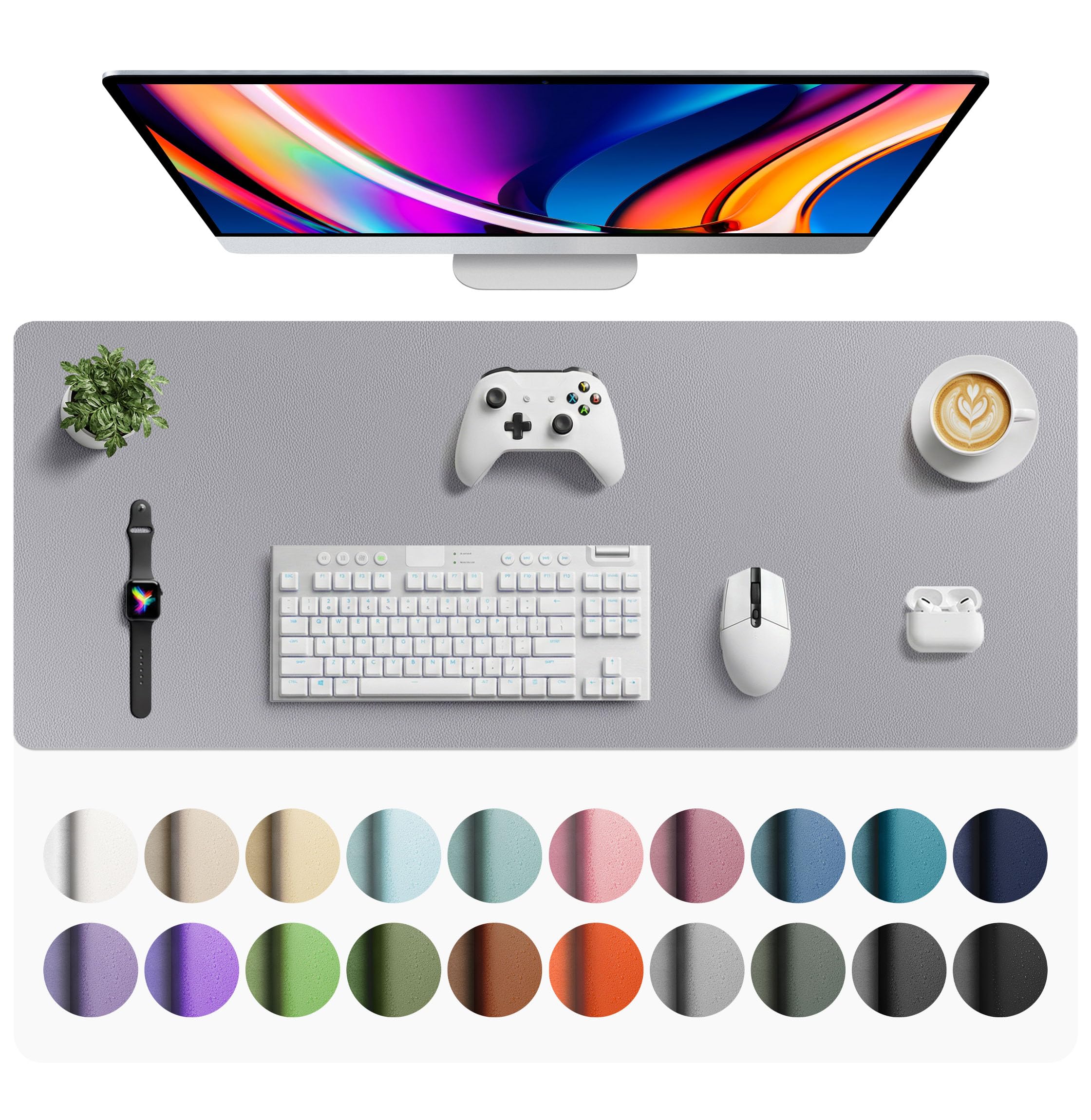 Aothia Faux Leather Desk Mat - Large Mouse Pad, Non-Slip PU Leather Blotter, Waterproof Writing Surface for Office and Home (Light Grey, 42" x 17")