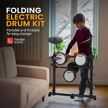 Pyle Electronic Drum Set with 4 Quiet Mesh Pads, 180 Sound Styles, 3 Cymbals, 2 Pedals, Throne, Headphones, Sticks, AUX, USB MIDI, Electric Drum Kit for Beginners Students Professionals