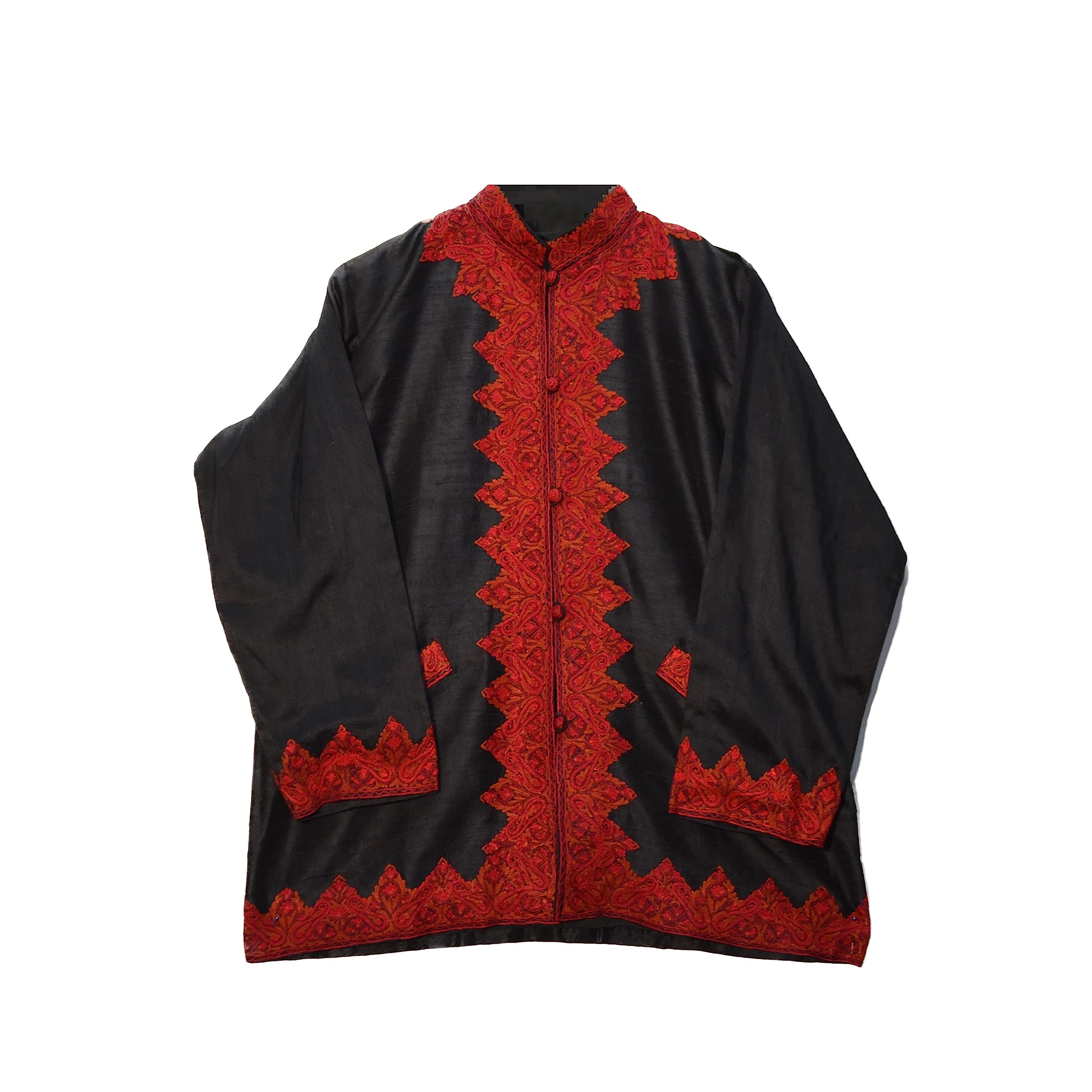 CRAFTBAZARKashmiri Silk Hand Embroidered Short Jacket With Beautiful Border Work - Black, (Size-4XL)