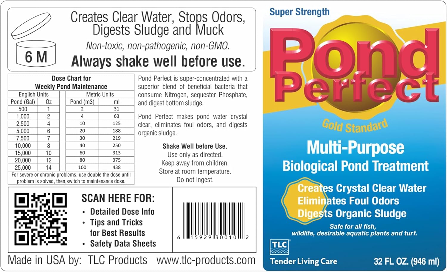 TLC PondPerfect Natural Pond Bacteria Treatment – Improves Clarity, Digests Sludge & Odors – Safe for Fish & Koi – Non-Chemical, Easy Liquid Dosing. 32 oz (946 ml).