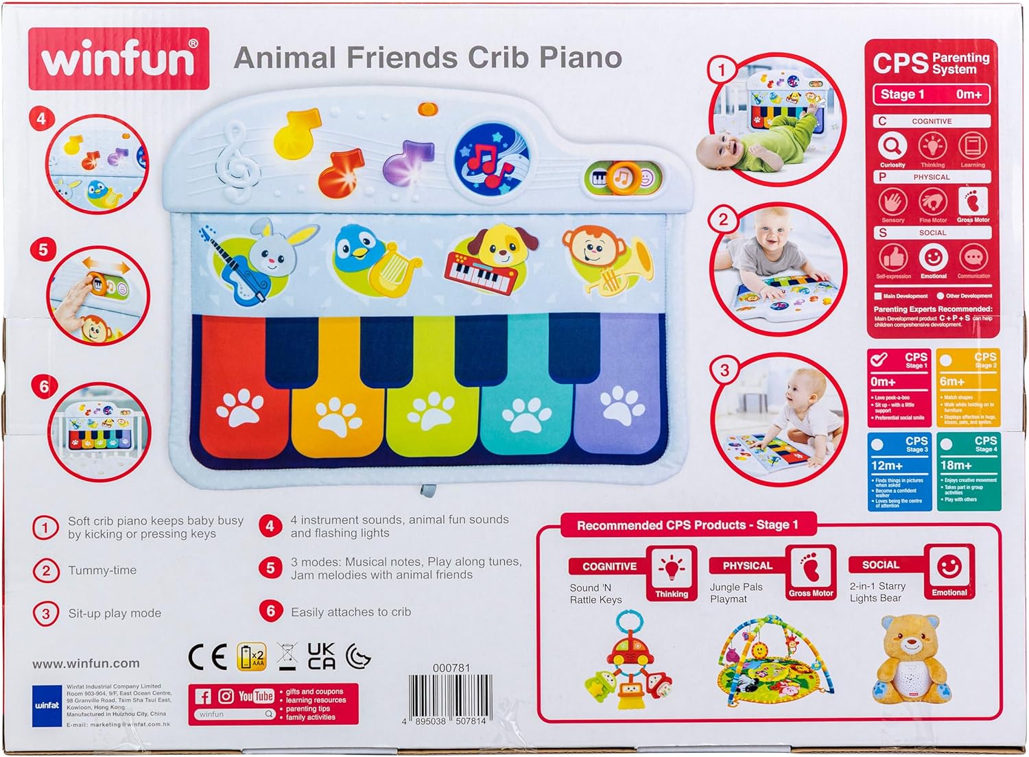 Winfun Animal Friends Infant Soft Crib Piano Musical Toy for Newborns (0+ Months) 3 Play Modes, 5 Colorful Keys & Animal Sounds, Tummy Time & Sit-Up Play, Promotes Sensory & Cognitive Development