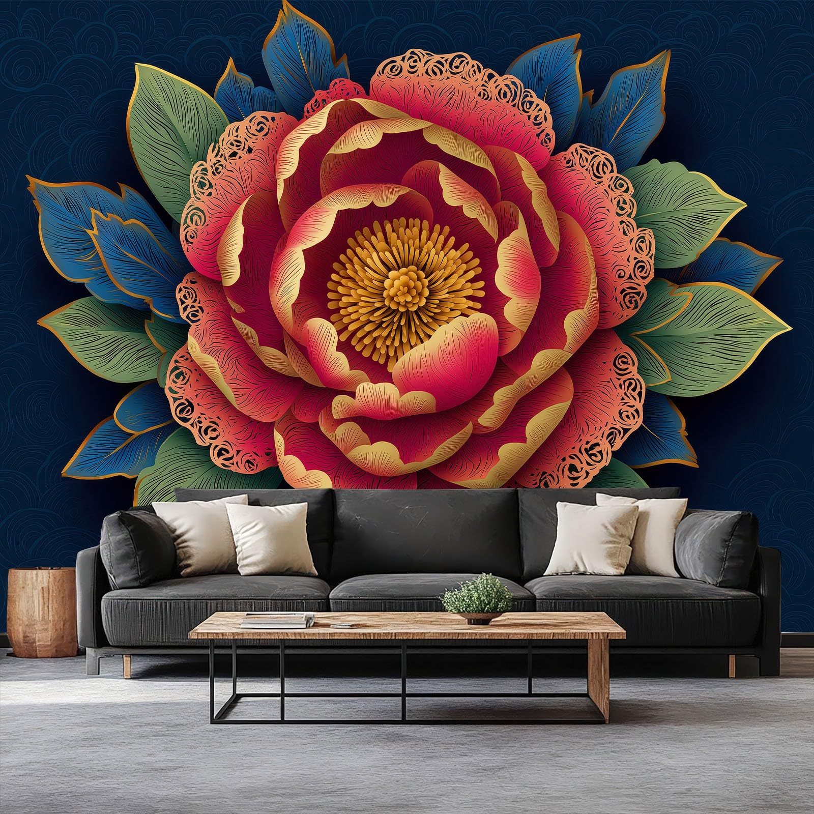 Papier peint chinois pivoine rose pour salon et chambre
