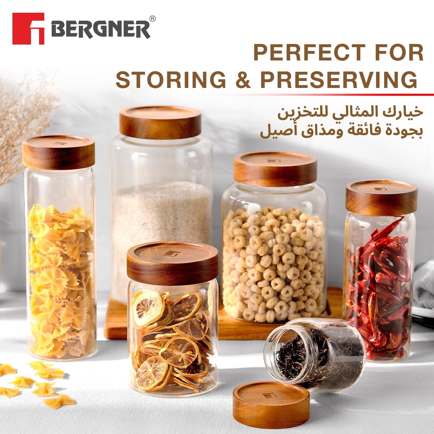 BERGNER Acadia Borosilicate 550ml Glass Jar with Solid Wood Lid, For Storing and Preserving Sugar, Flour, Tea, Coffee, Spices, Oats | Airtight Multipurpose Glass Container for Kitchen — Amazon image 5