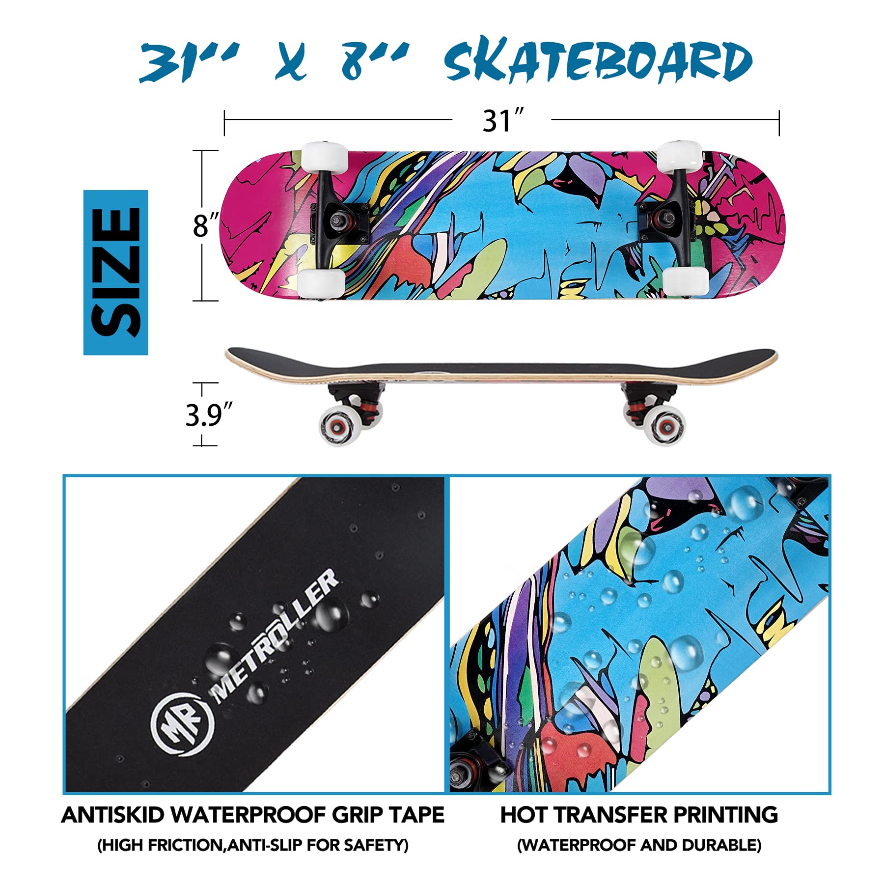 Complete 31-Inch Skateboard For Beginners & Adults – 7-Layer Maple Deck, Double Kick, Concave Design With Cool Graphics
