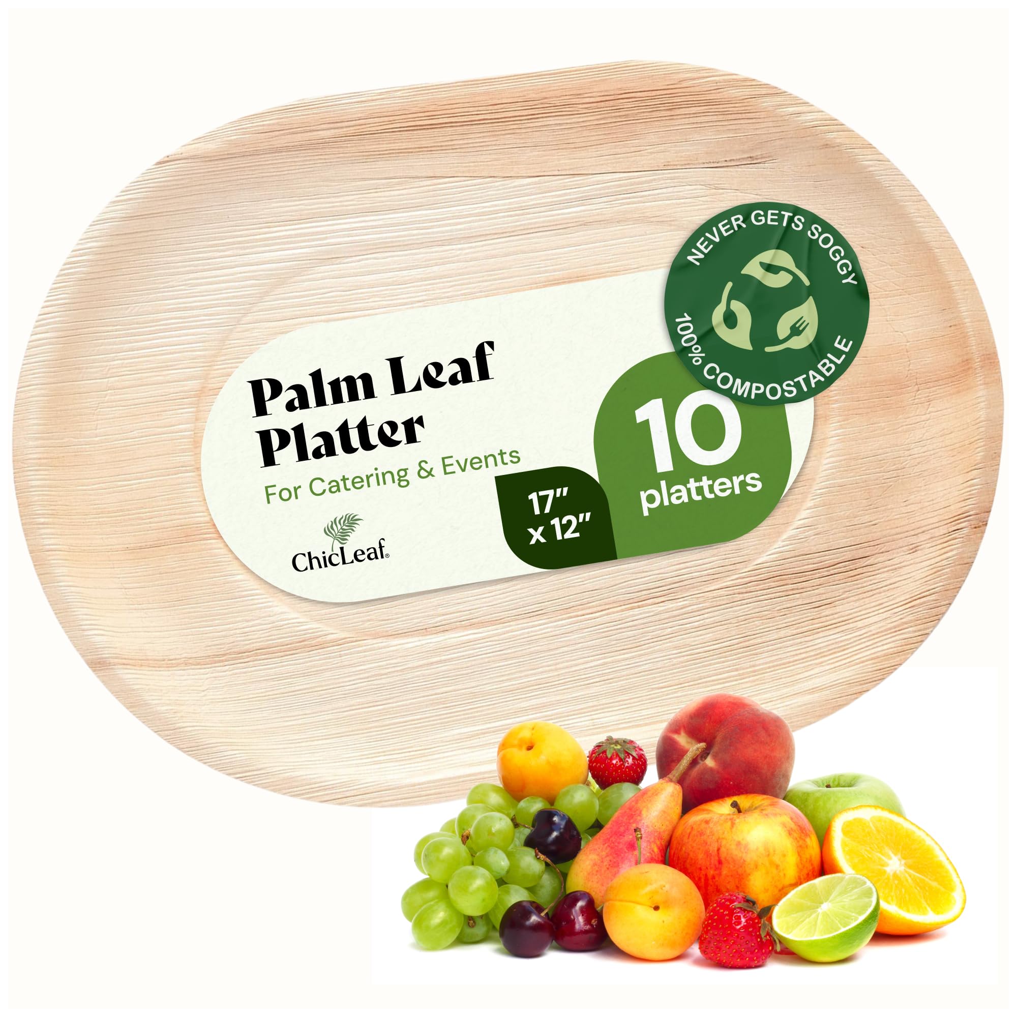 Chic Leaf Rectangular Palm Leaf Tray - 17x12 In, 10 Pack, Natural - Compostable Platter for Charcuterie Board - Microwave & Oven Safe Party Tray - Handcrafted Durable for Disposable Serving Platter